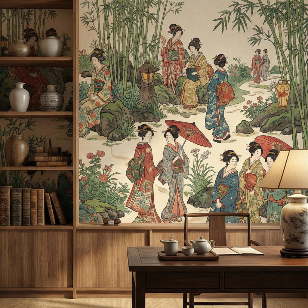 Vintage Japanese Peel and Stick Wall Mural, Geisha Garden Scene, Bamboo Chinoiserie Style, Antique Oriental Wallpaper