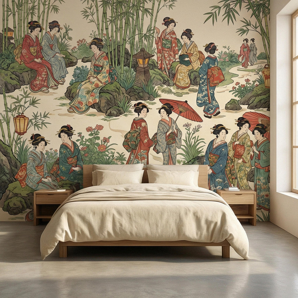 Vintage Japanese Peel and Stick Wall Mural, Geisha Garden Scene, Bamboo Chinoiserie Style, Antique Oriental Wallpaper