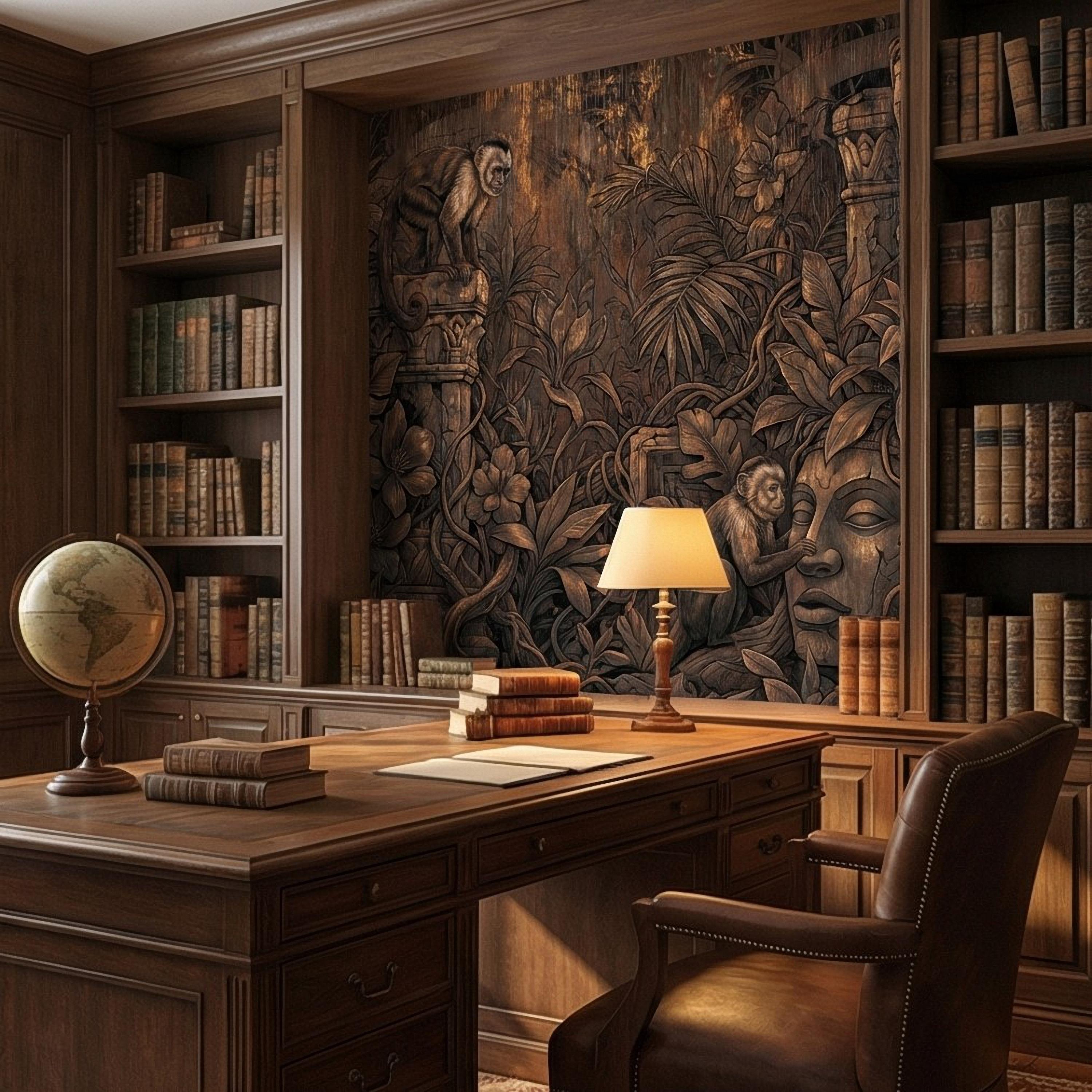 Monkey Jungle Peel and Stick Wall Mural, Dark Tropical Ruins, Primitive Mask Botanical, Moody Exotic Wallpaper