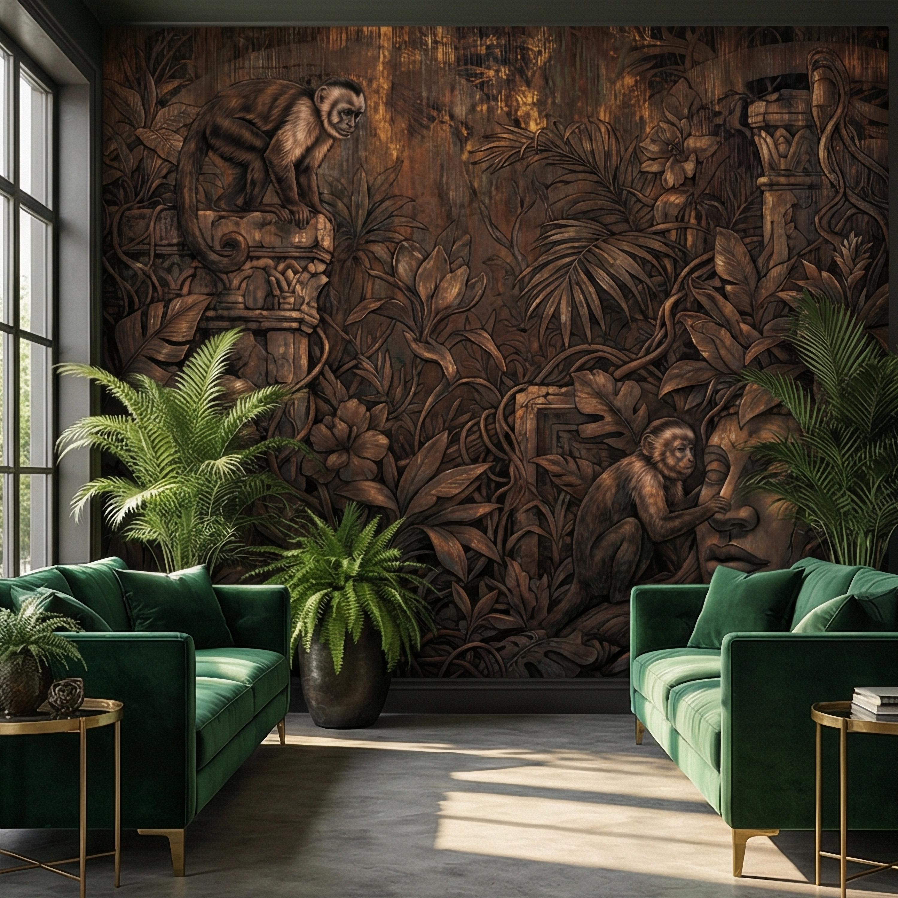 Monkey Jungle Peel and Stick Wall Mural, Dark Tropical Ruins, Primitive Mask Botanical, Moody Exotic Wallpaper