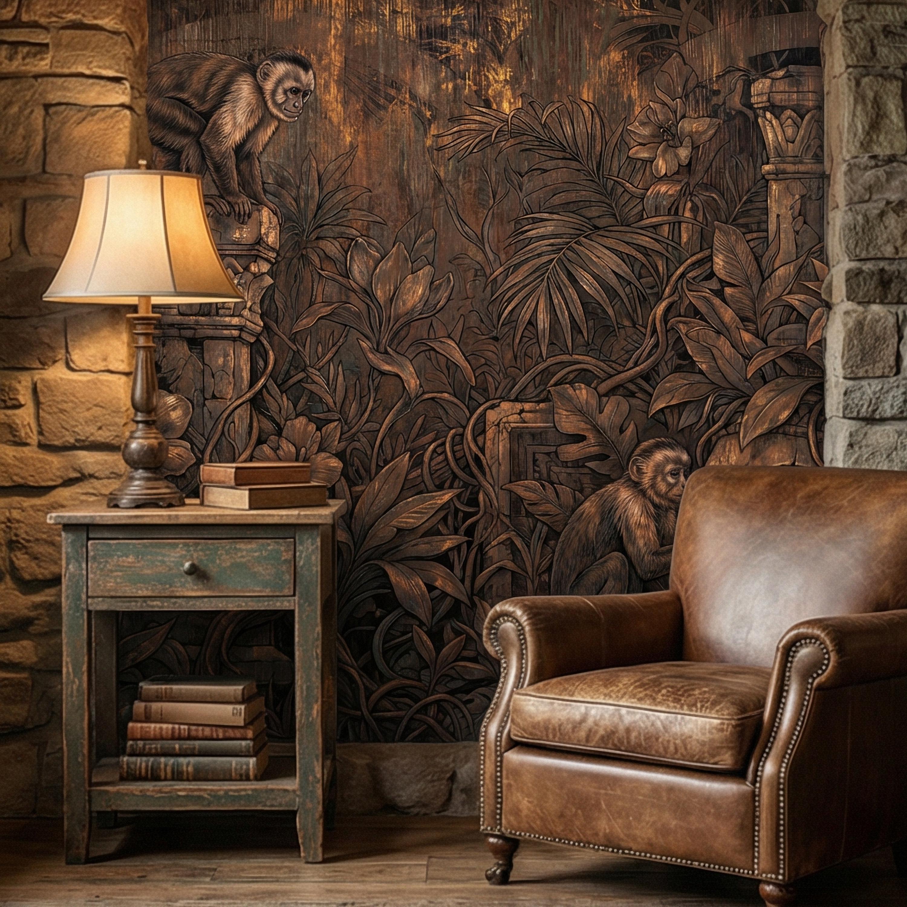 Monkey Jungle Peel and Stick Wall Mural, Dark Tropical Ruins, Primitive Mask Botanical, Moody Exotic Wallpaper