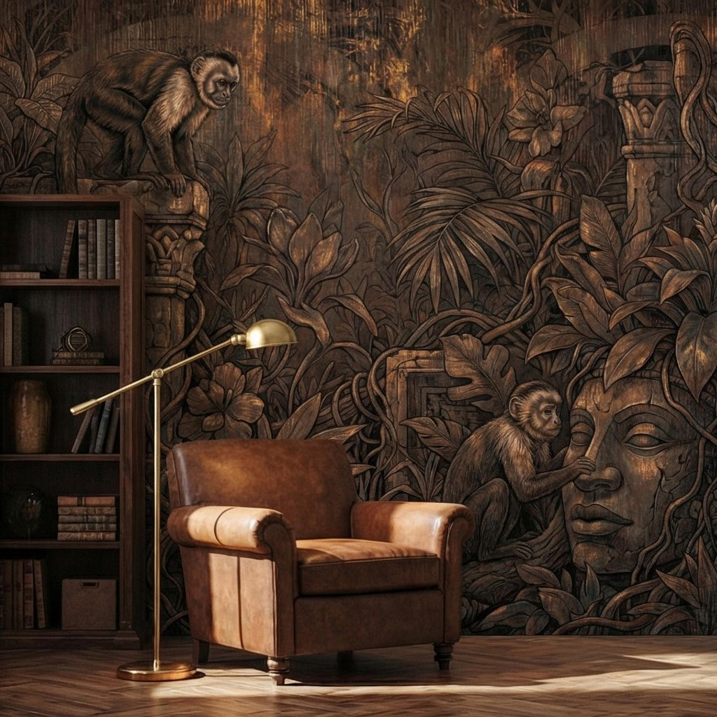 Monkey Jungle Peel and Stick Wall Mural, Dark Tropical Ruins, Primitive Mask Botanical, Moody Exotic Wallpaper
