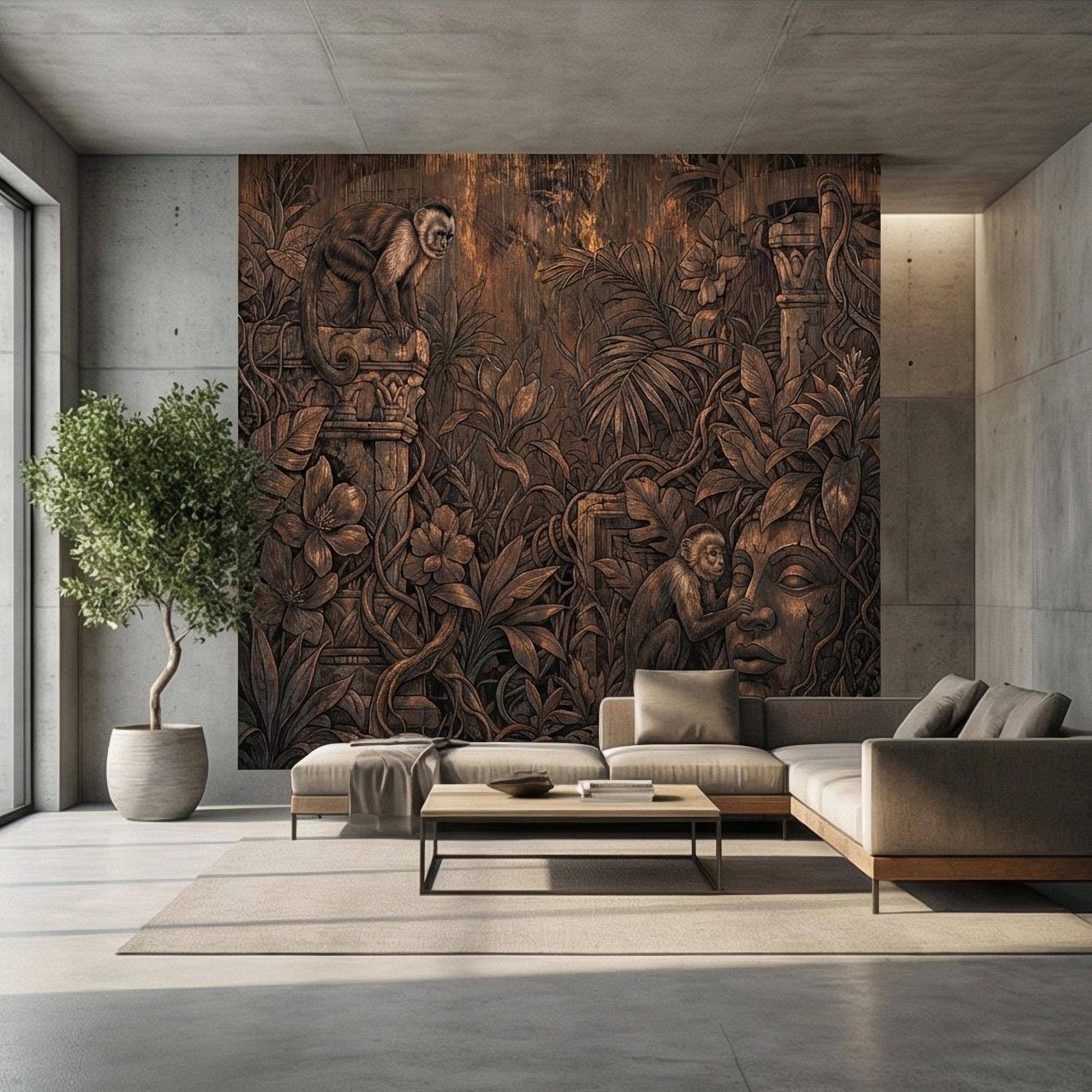 Monkey Jungle Peel and Stick Wall Mural, Dark Tropical Ruins, Primitive Mask Botanical, Moody Exotic Wallpaper