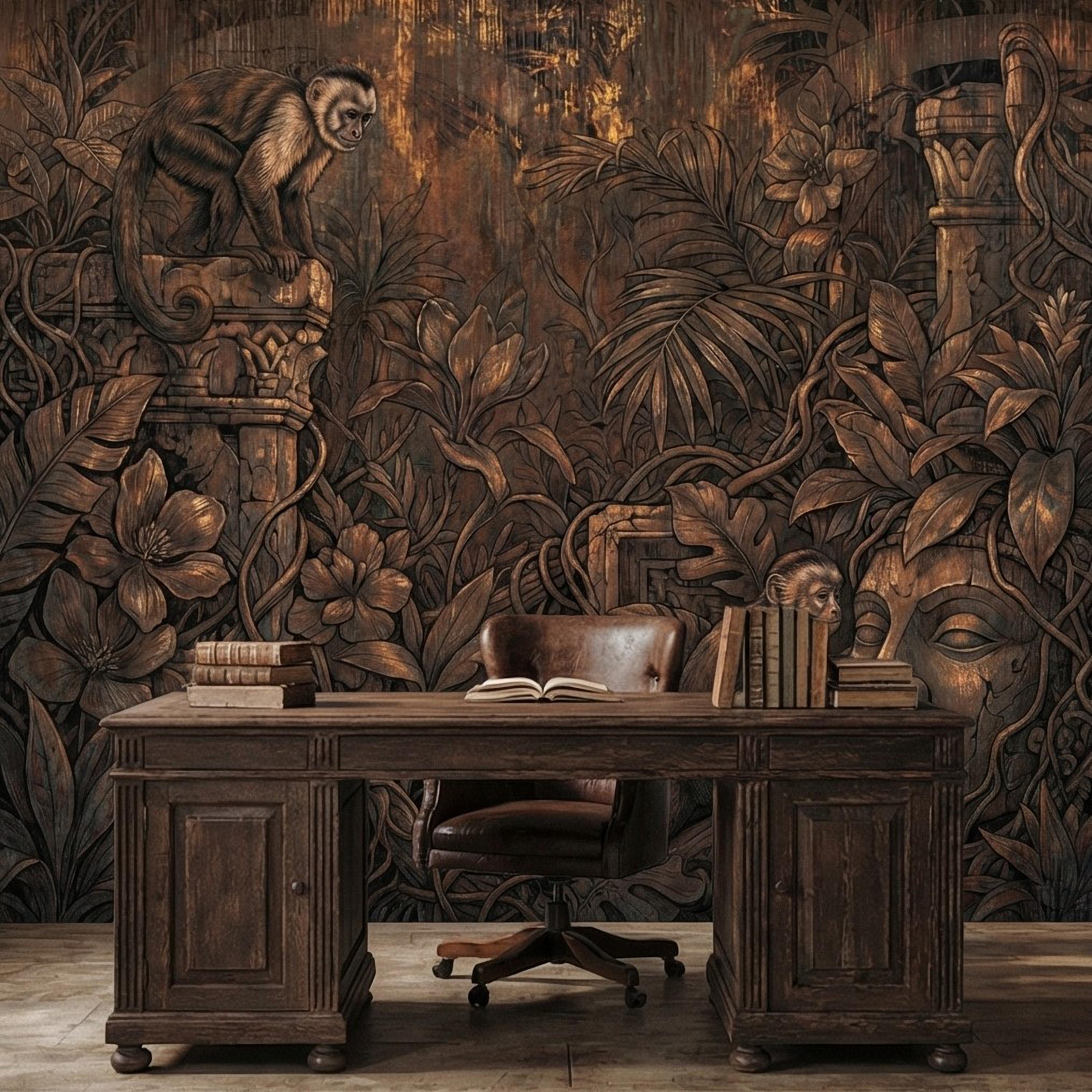 Monkey Jungle Peel and Stick Wall Mural, Dark Tropical Ruins, Primitive Mask Botanical, Moody Exotic Wallpaper