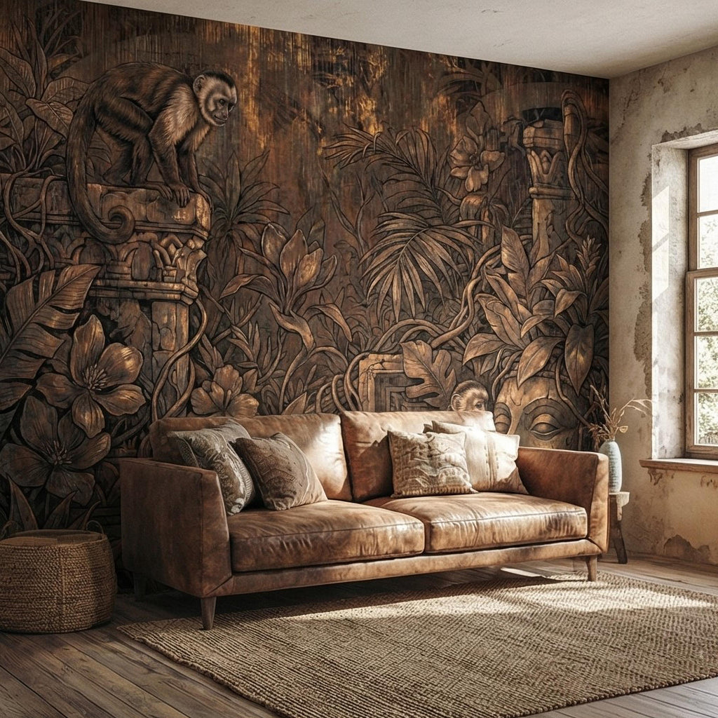 Monkey Jungle Peel and Stick Wall Mural, Dark Tropical Ruins, Primitive Mask Botanical, Moody Exotic Wallpaper