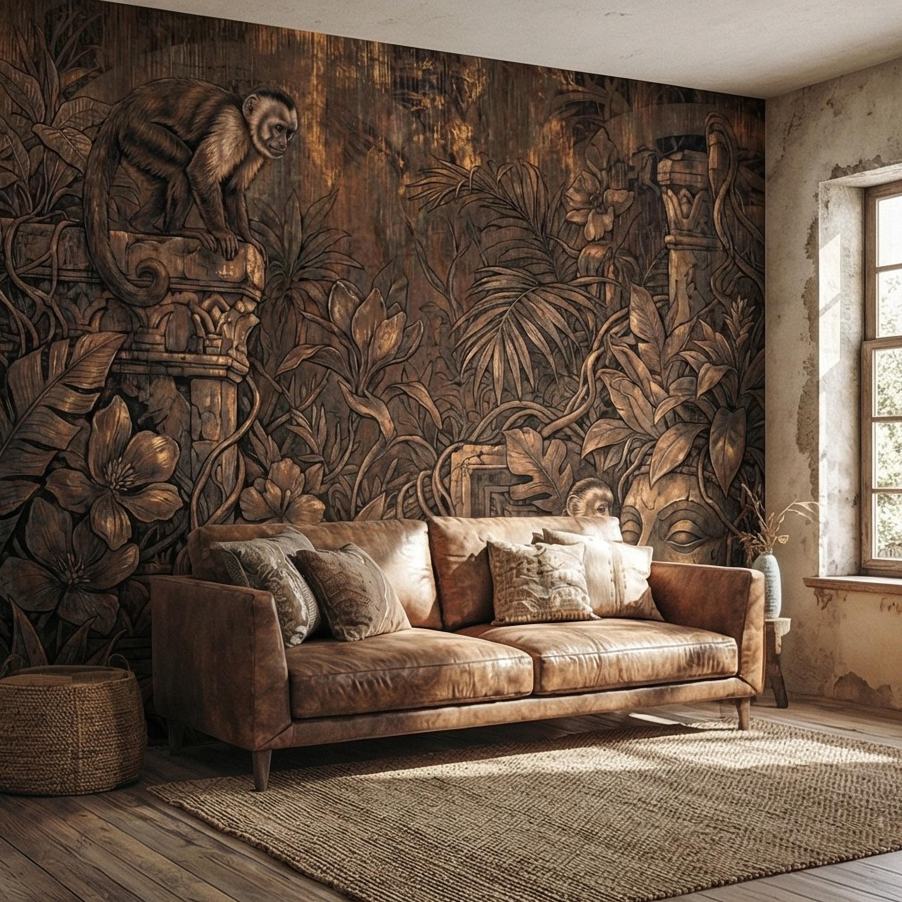 Monkey Jungle Peel and Stick Wall Mural, Dark Tropical Ruins, Primitive Mask Botanical, Moody Exotic Wallpaper