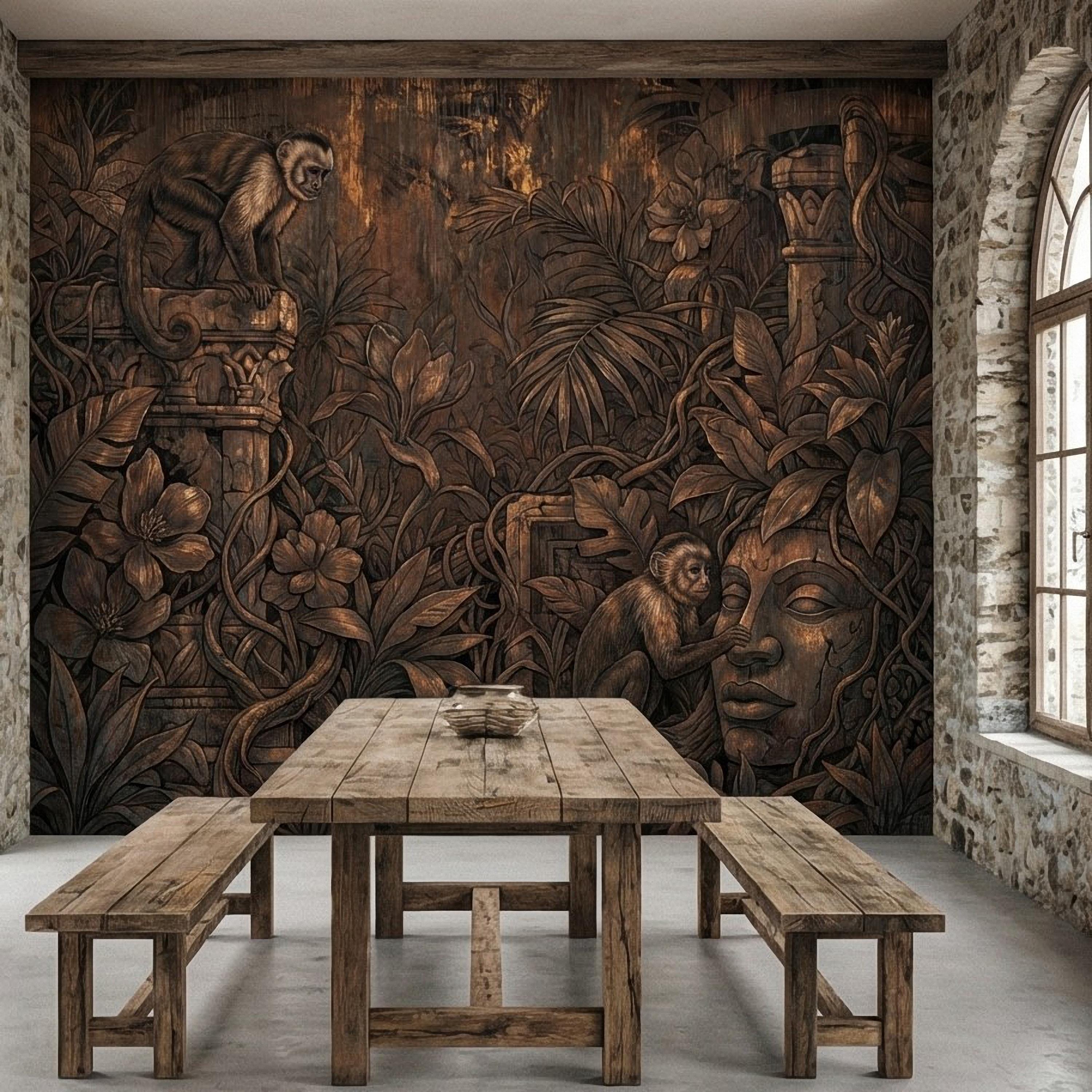 Monkey Jungle Peel and Stick Wall Mural, Dark Tropical Ruins, Primitive Mask Botanical, Moody Exotic Wallpaper
