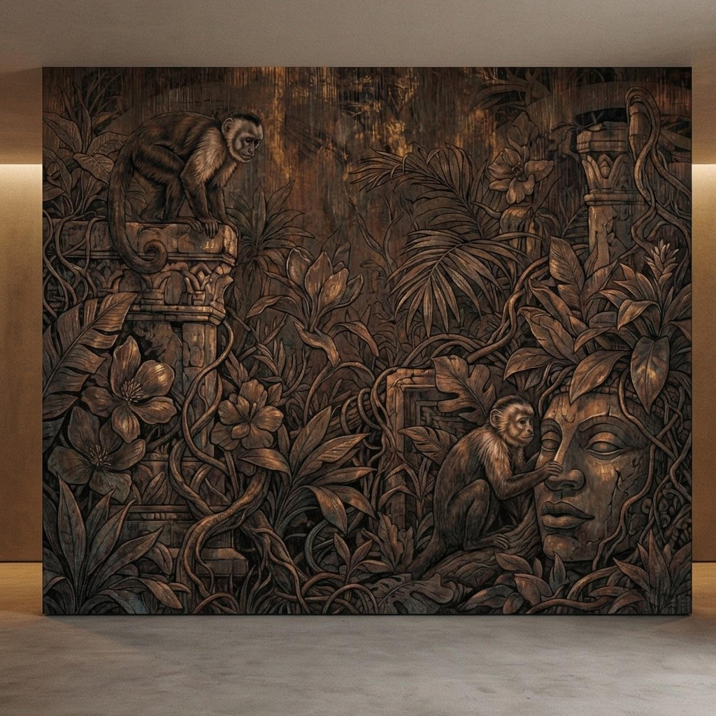 Monkey Jungle Peel and Stick Wall Mural, Dark Tropical Ruins, Primitive Mask Botanical, Moody Exotic Wallpaper