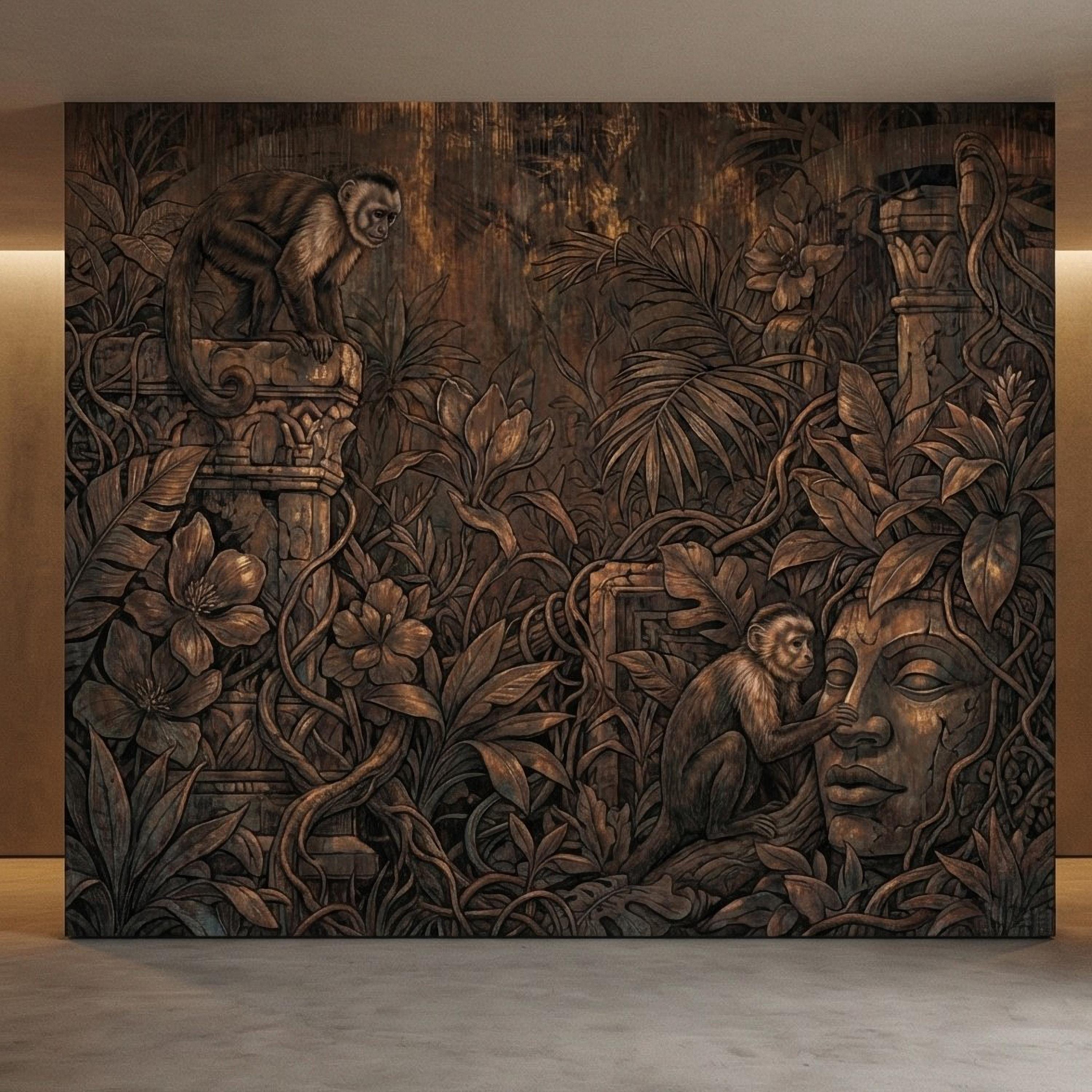 Monkey Jungle Peel and Stick Wall Mural, Dark Tropical Ruins, Primitive Mask Botanical, Moody Exotic Wallpaper