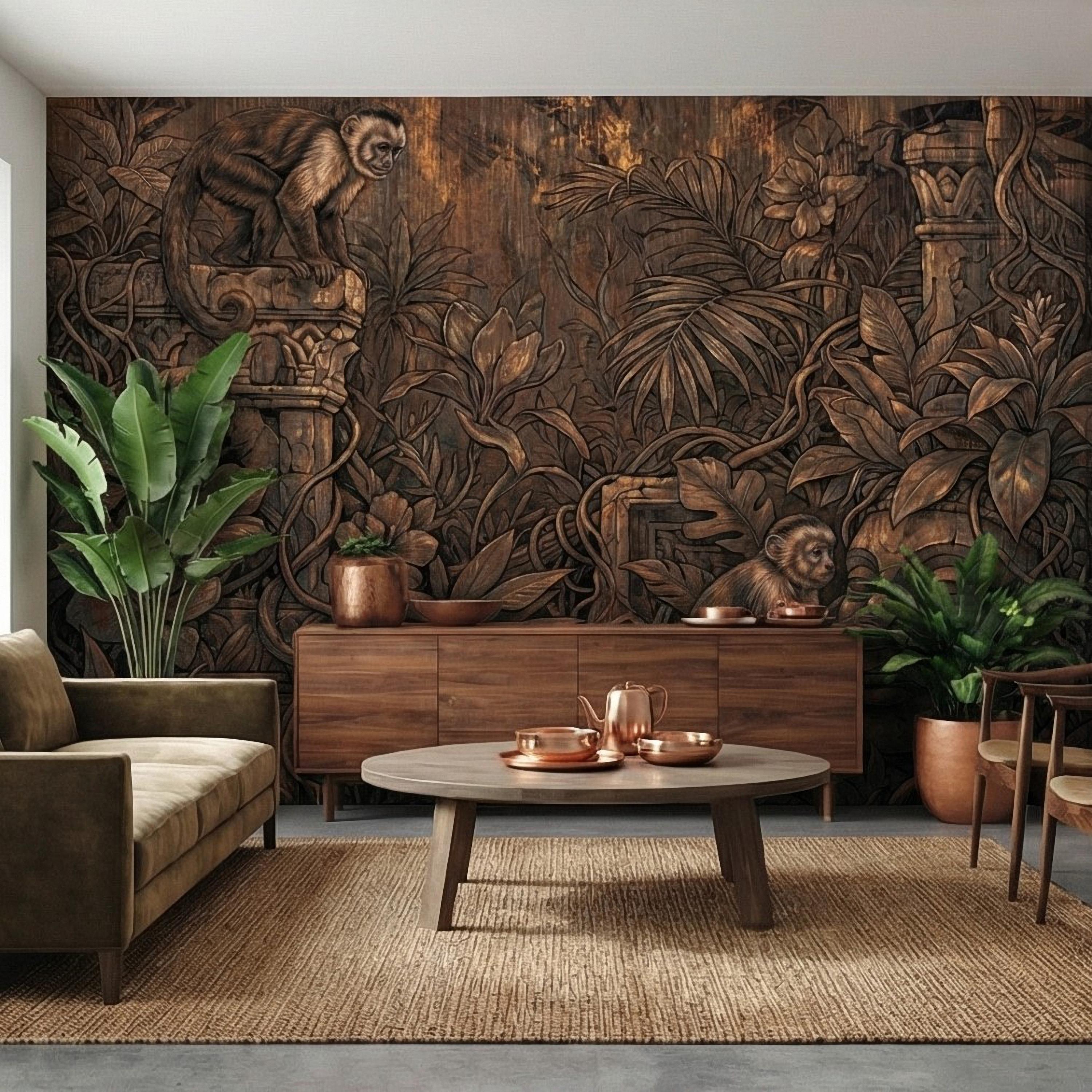 Monkey Jungle Peel and Stick Wall Mural, Dark Tropical Ruins, Primitive Mask Botanical, Moody Exotic Wallpaper
