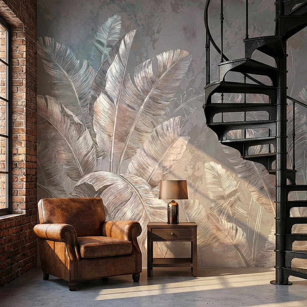 Palm Leaf Peel and Stick Wall Mural, Soft Blue Gray Tropical Botanical, Elegant Luxury Wallpaper