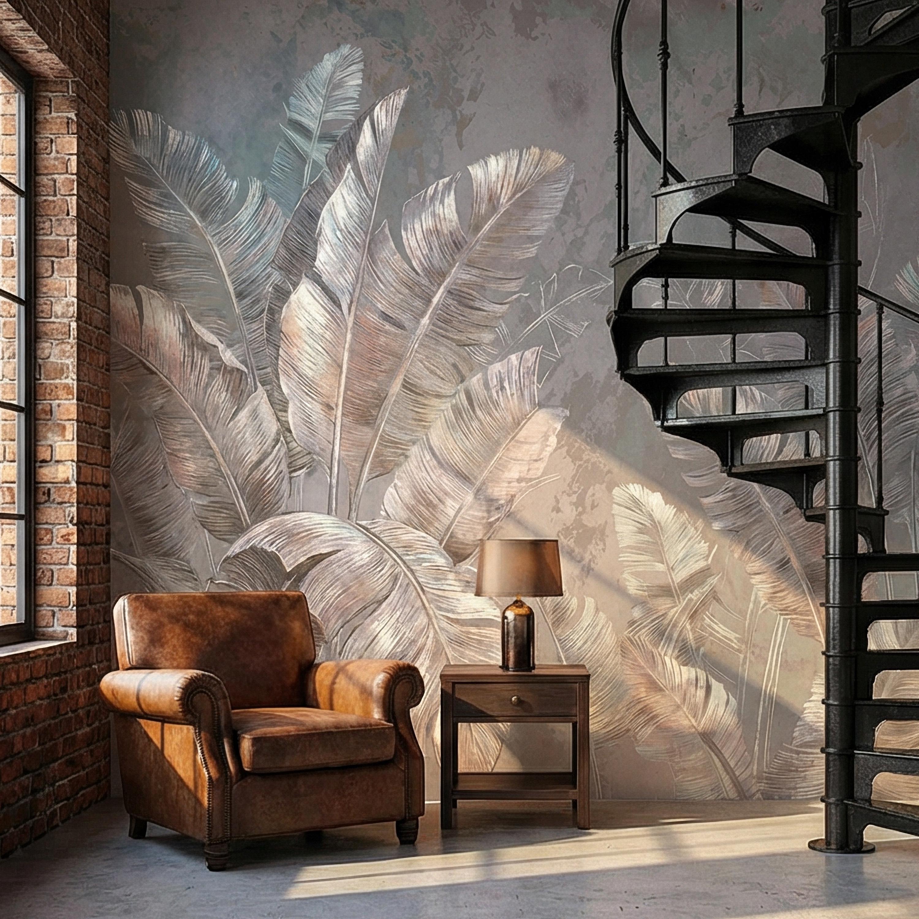 Palm Leaf Peel and Stick Wall Mural, Soft Blue Gray Tropical Botanical, Elegant Luxury Wallpaper