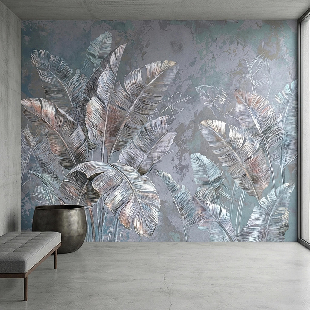 Palm Leaf Peel and Stick Wall Mural, Soft Blue Gray Tropical Botanical, Elegant Luxury Wallpaper
