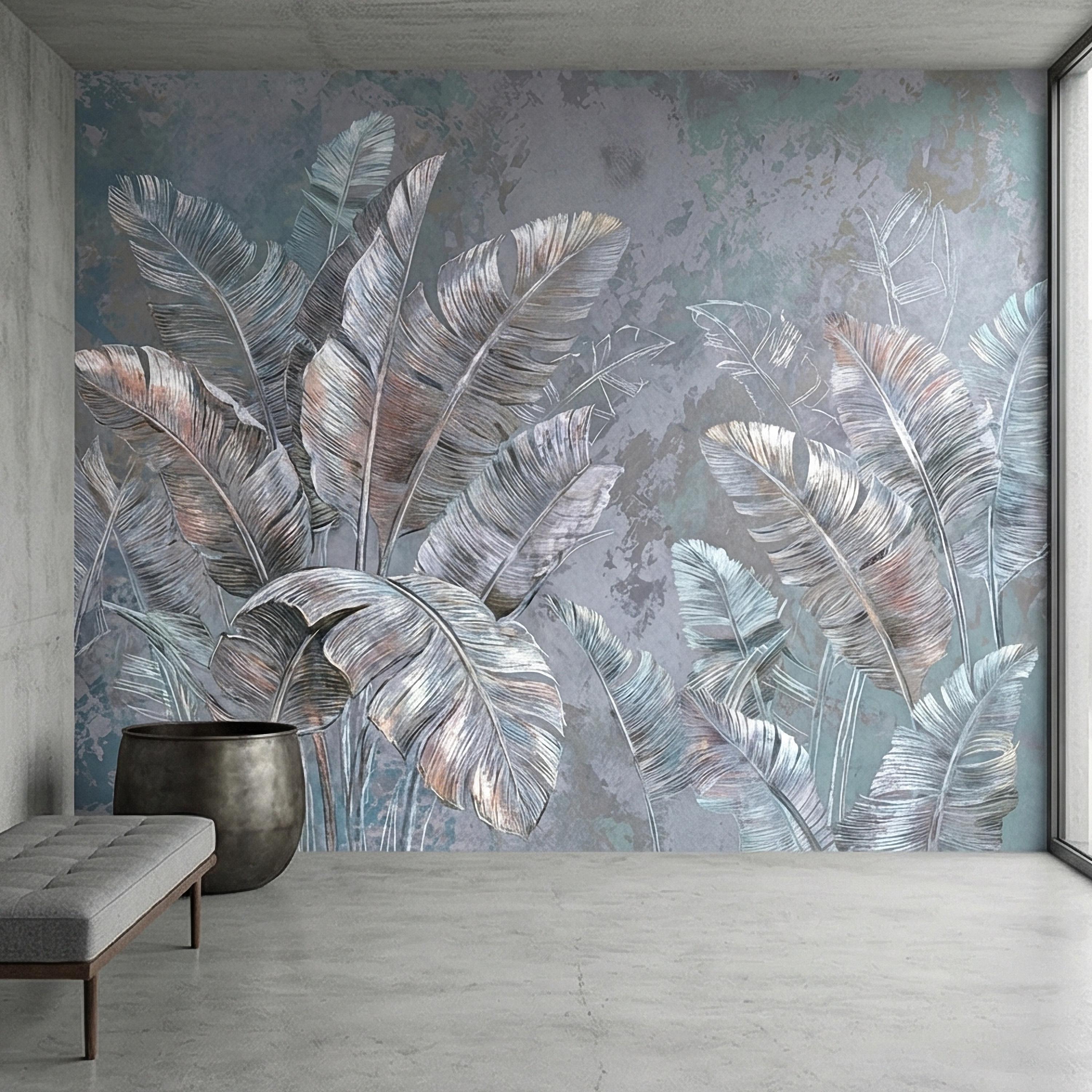 Palm Leaf Peel and Stick Wall Mural, Soft Blue Gray Tropical Botanical, Elegant Luxury Wallpaper