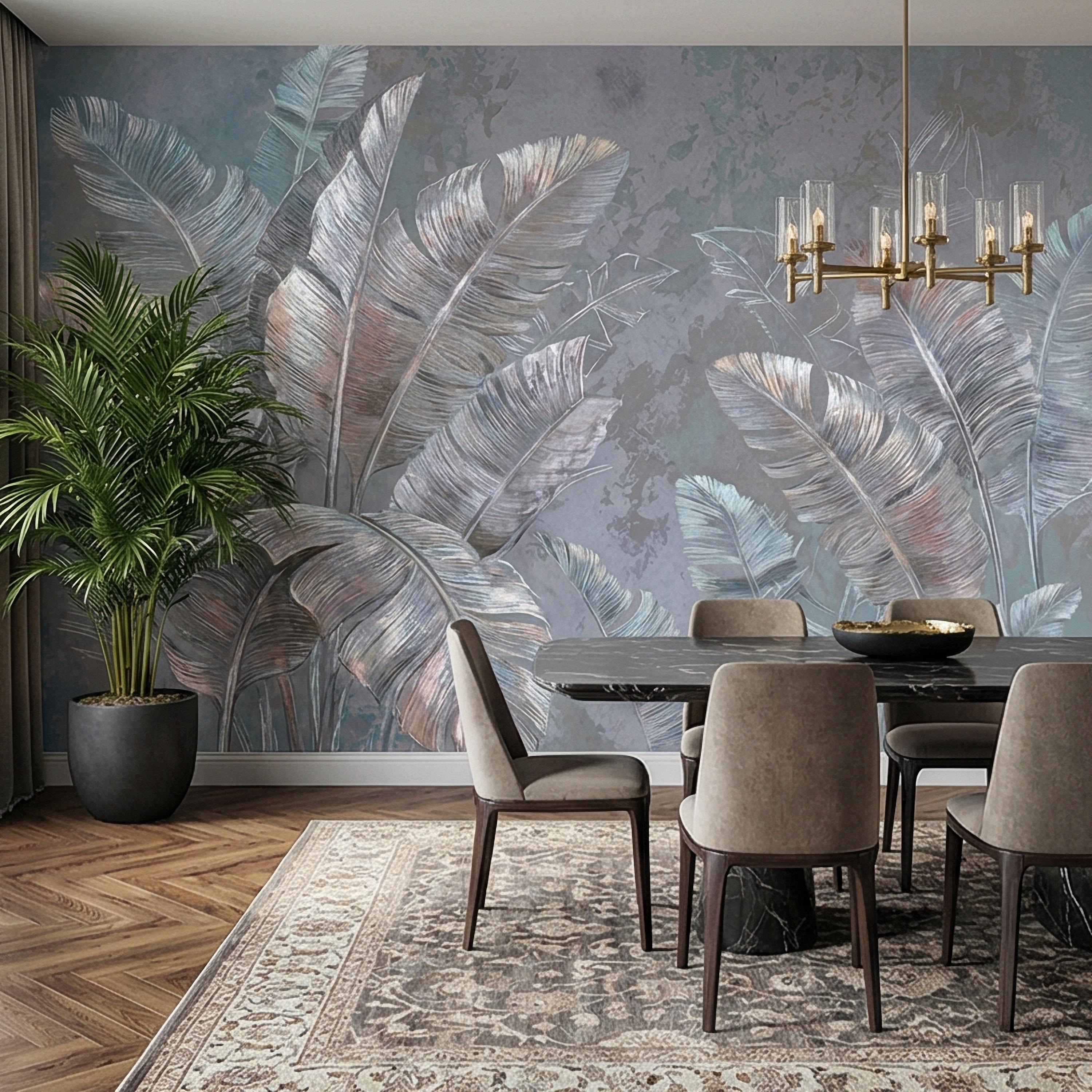 Palm Leaf Peel and Stick Wall Mural, Soft Blue Gray Tropical Botanical, Elegant Luxury Wallpaper