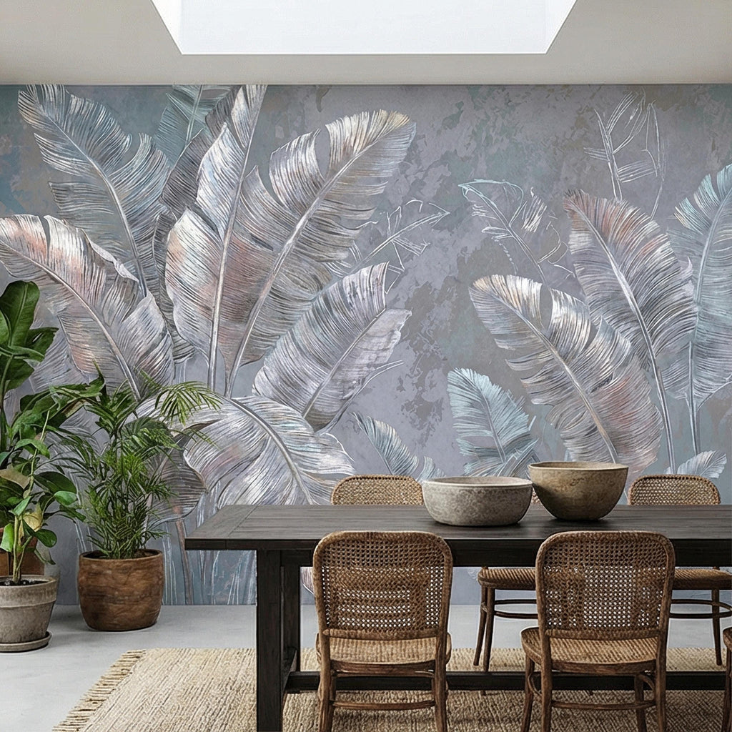 Palm Leaf Peel and Stick Wall Mural, Soft Blue Gray Tropical Botanical, Elegant Luxury Wallpaper