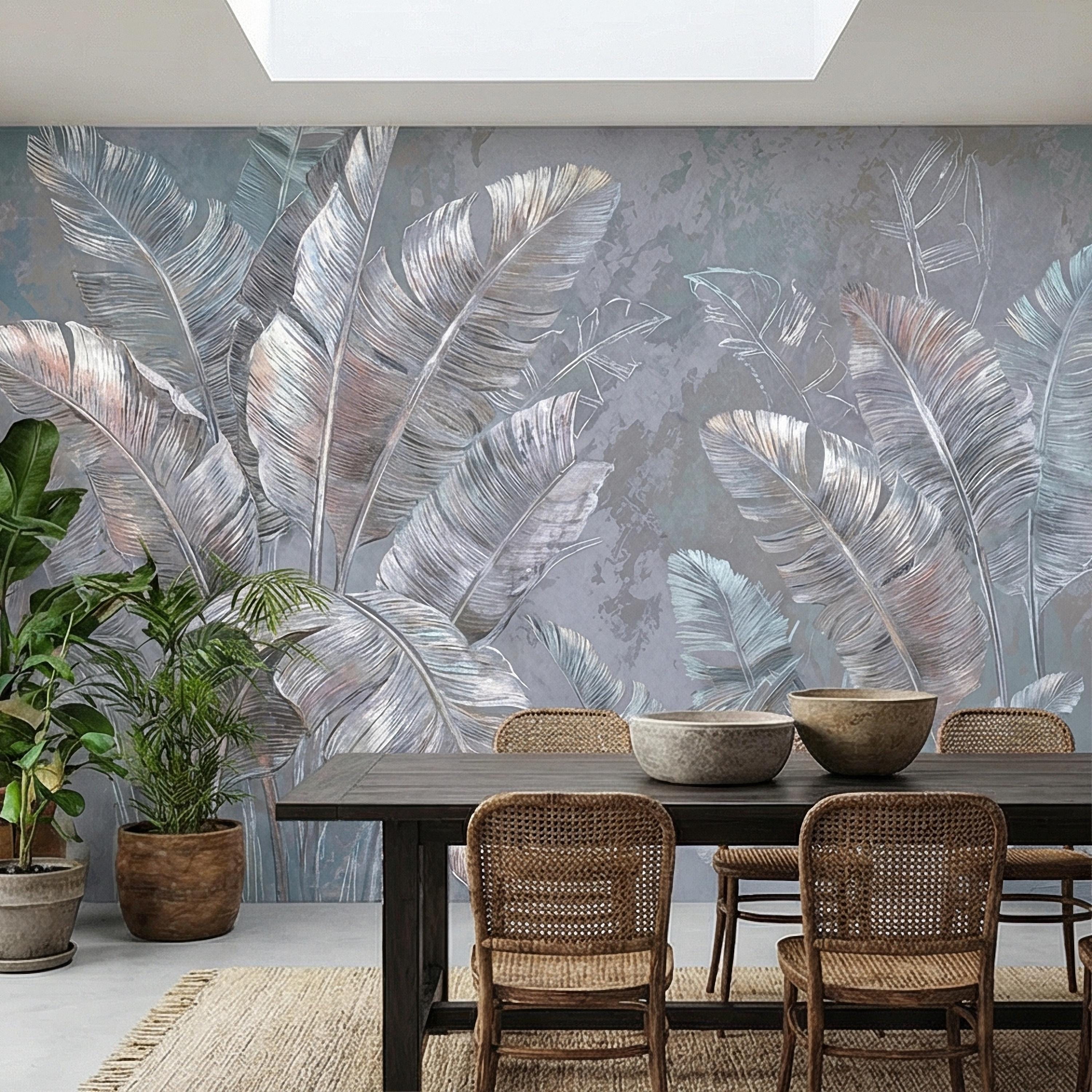 Palm Leaf Peel and Stick Wall Mural, Soft Blue Gray Tropical Botanical, Elegant Luxury Wallpaper