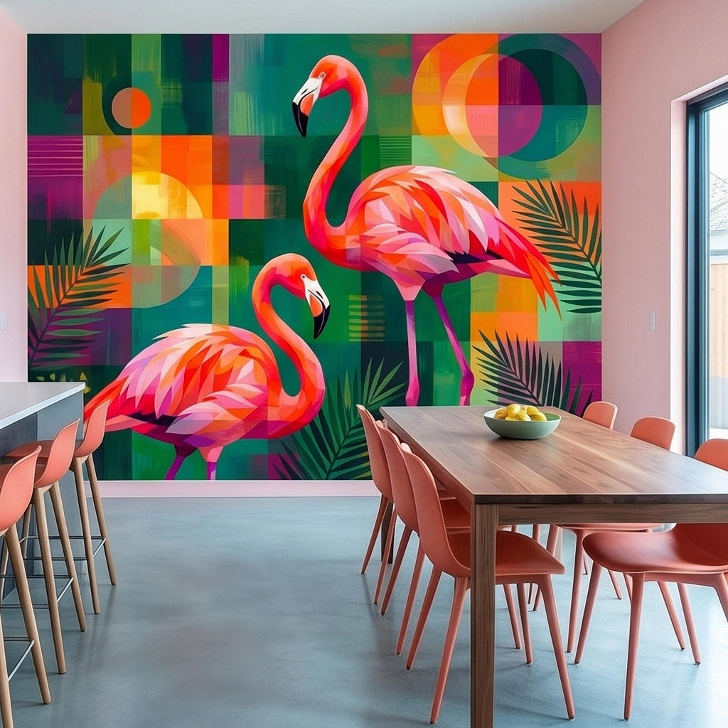 Colorful Flamingo Tropical Peel and Stick Wall Mural, Modern Mid Century Geometric Palm Leaves Abstract Art, Pink Orange Green Wallpaper