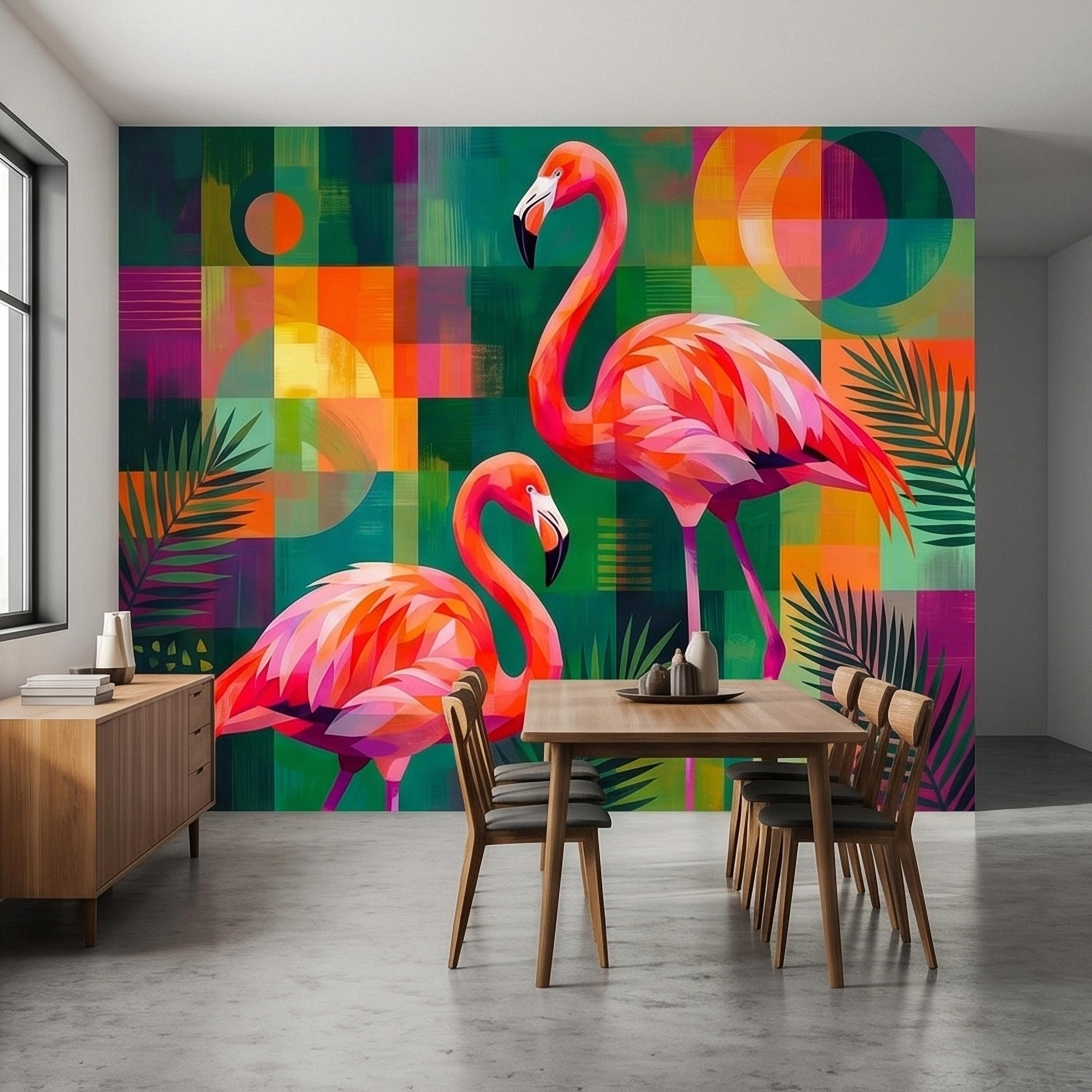 Colorful Flamingo Tropical Peel and Stick Wall Mural, Modern Mid Century Geometric Palm Leaves Abstract Art, Pink Orange Green Wallpaper