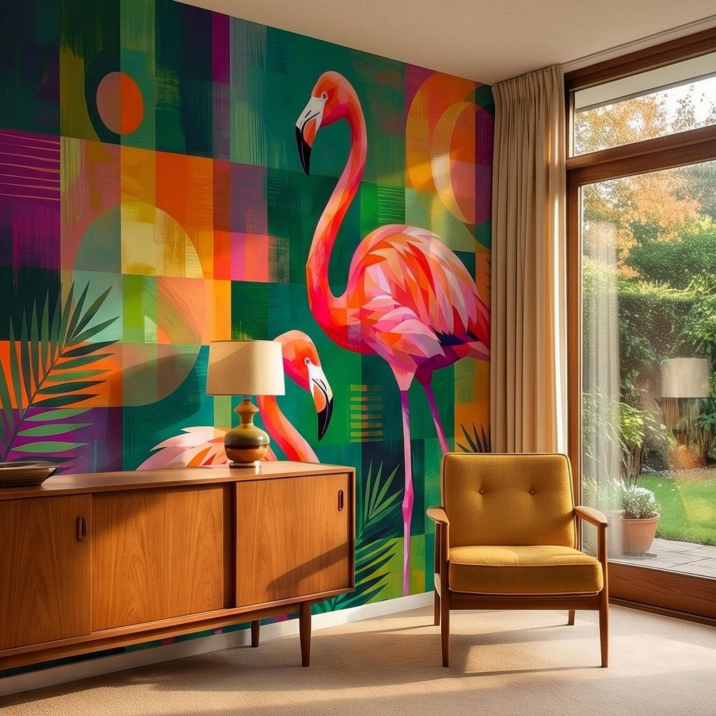 Colorful Flamingo Tropical Peel and Stick Wall Mural, Modern Mid Century Geometric Palm Leaves Abstract Art, Pink Orange Green Wallpaper