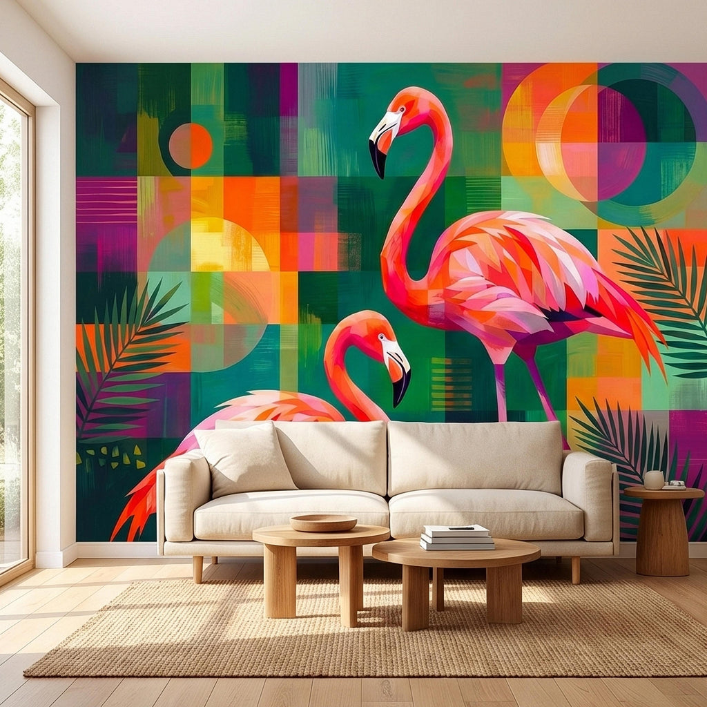 Colorful Flamingo Tropical Peel and Stick Wall Mural, Modern Mid Century Geometric Palm Leaves Abstract Art, Pink Orange Green Wallpaper