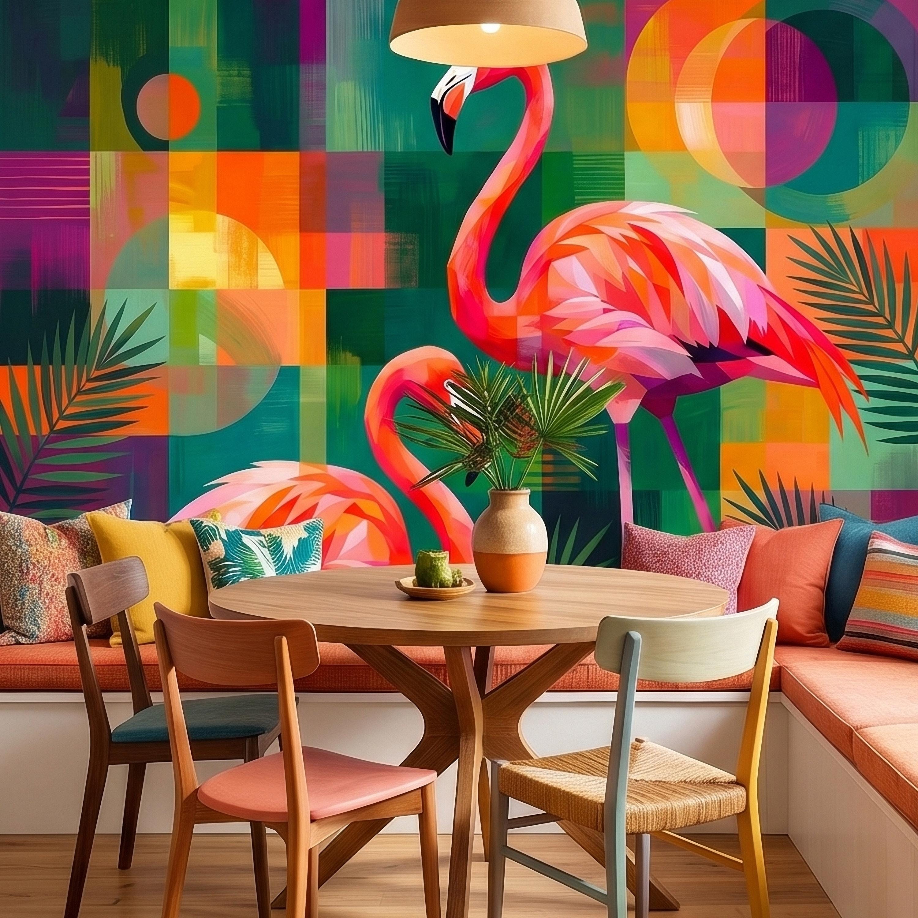 Colorful Flamingo Tropical Peel and Stick Wall Mural, Modern Mid Century Geometric Palm Leaves Abstract Art, Pink Orange Green Wallpaper