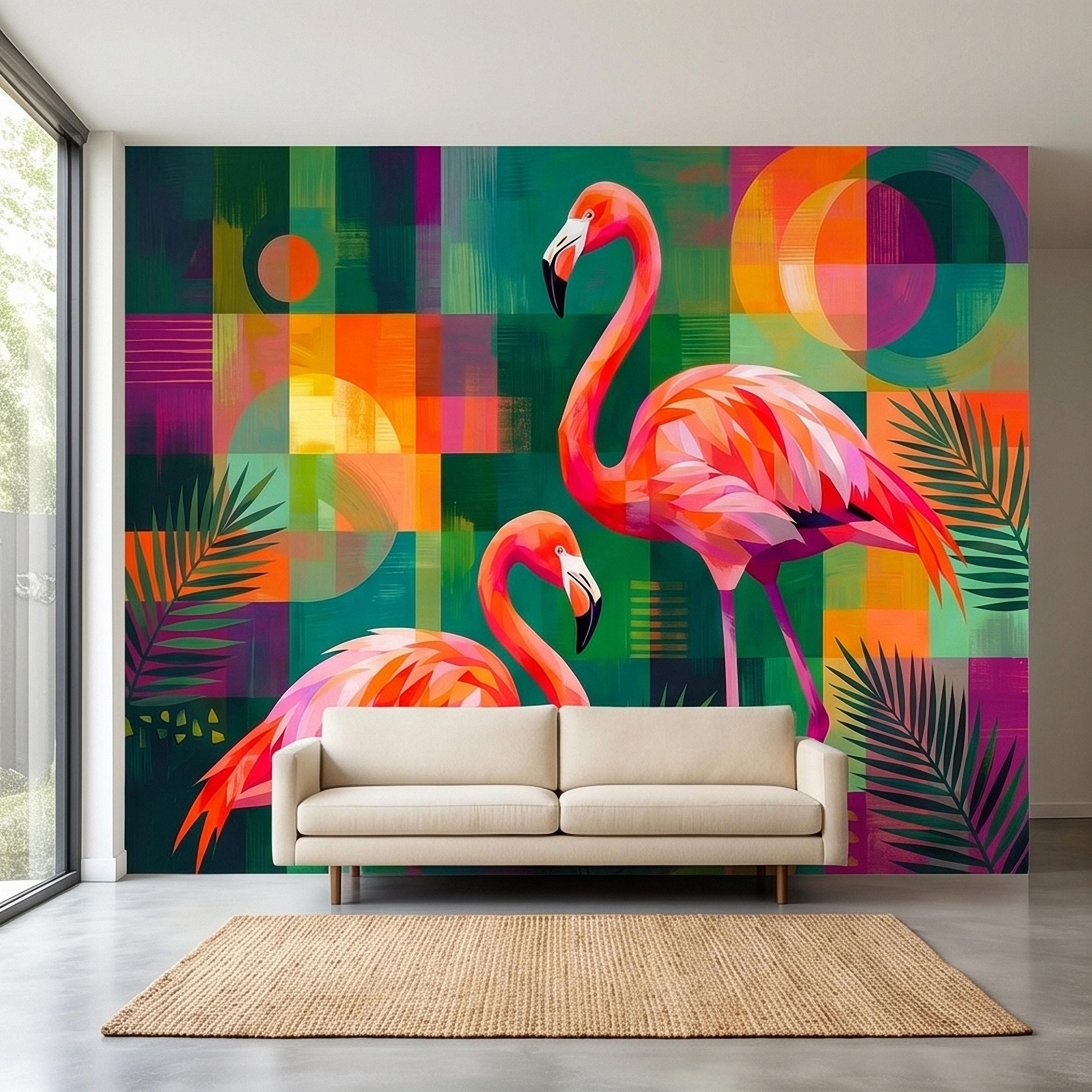 Colorful Flamingo Tropical Peel and Stick Wall Mural, Modern Mid Century Geometric Palm Leaves Abstract Art, Pink Orange Green Wallpaper