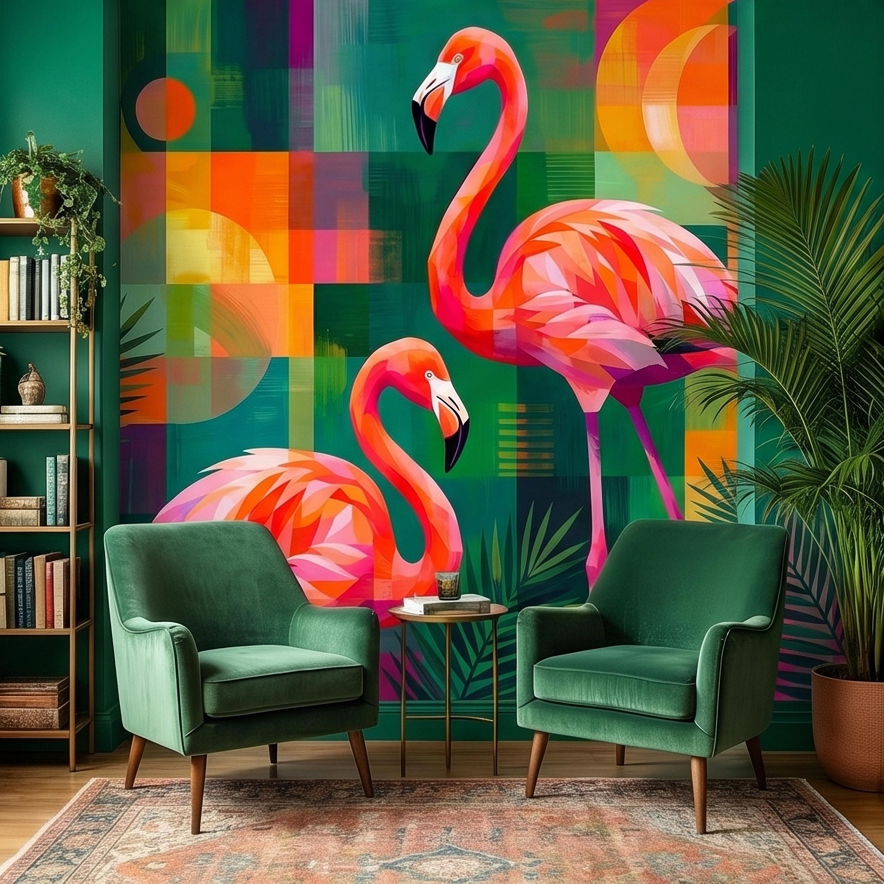 Colorful Flamingo Tropical Peel and Stick Wall Mural, Modern Mid Century Geometric Palm Leaves Abstract Art, Pink Orange Green Wallpaper
