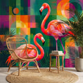 Colorful Flamingo Tropical Peel and Stick Wall Mural, Modern Mid Century Geometric Palm Leaves Abstract Art, Pink Orange Green Wallpaper