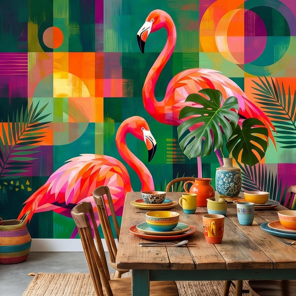Colorful Flamingo Tropical Peel and Stick Wall Mural, Modern Mid Century Geometric Palm Leaves Abstract Art, Pink Orange Green Wallpaper