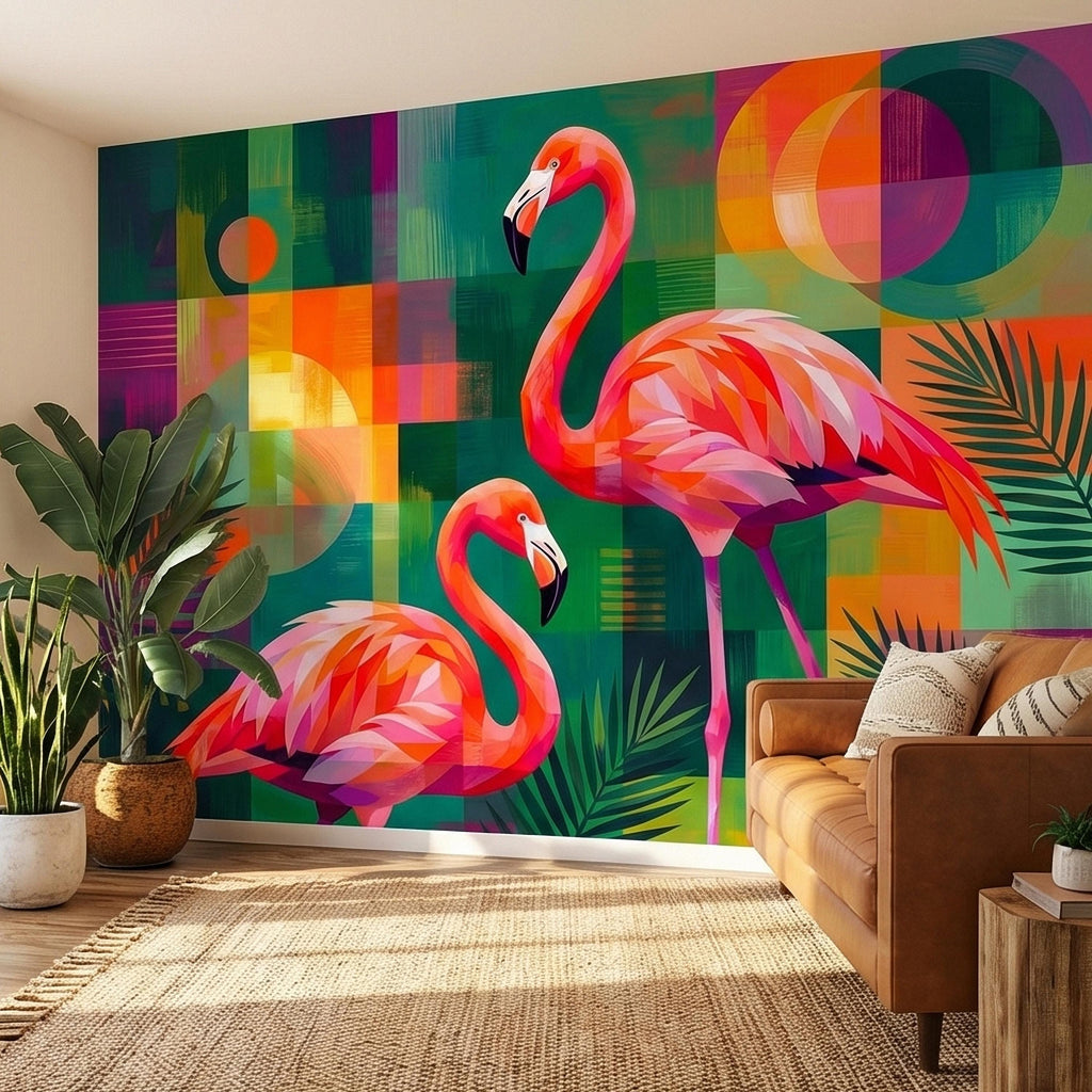 Colorful Flamingo Tropical Peel and Stick Wall Mural, Modern Mid Century Geometric Palm Leaves Abstract Art, Pink Orange Green Wallpaper