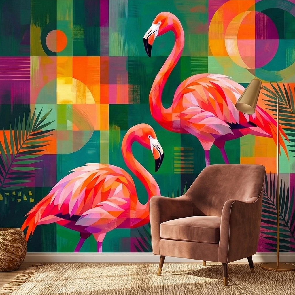 Colorful Flamingo Tropical Peel and Stick Wall Mural, Modern Mid Century Geometric Palm Leaves Abstract Art, Pink Orange Green Wallpaper