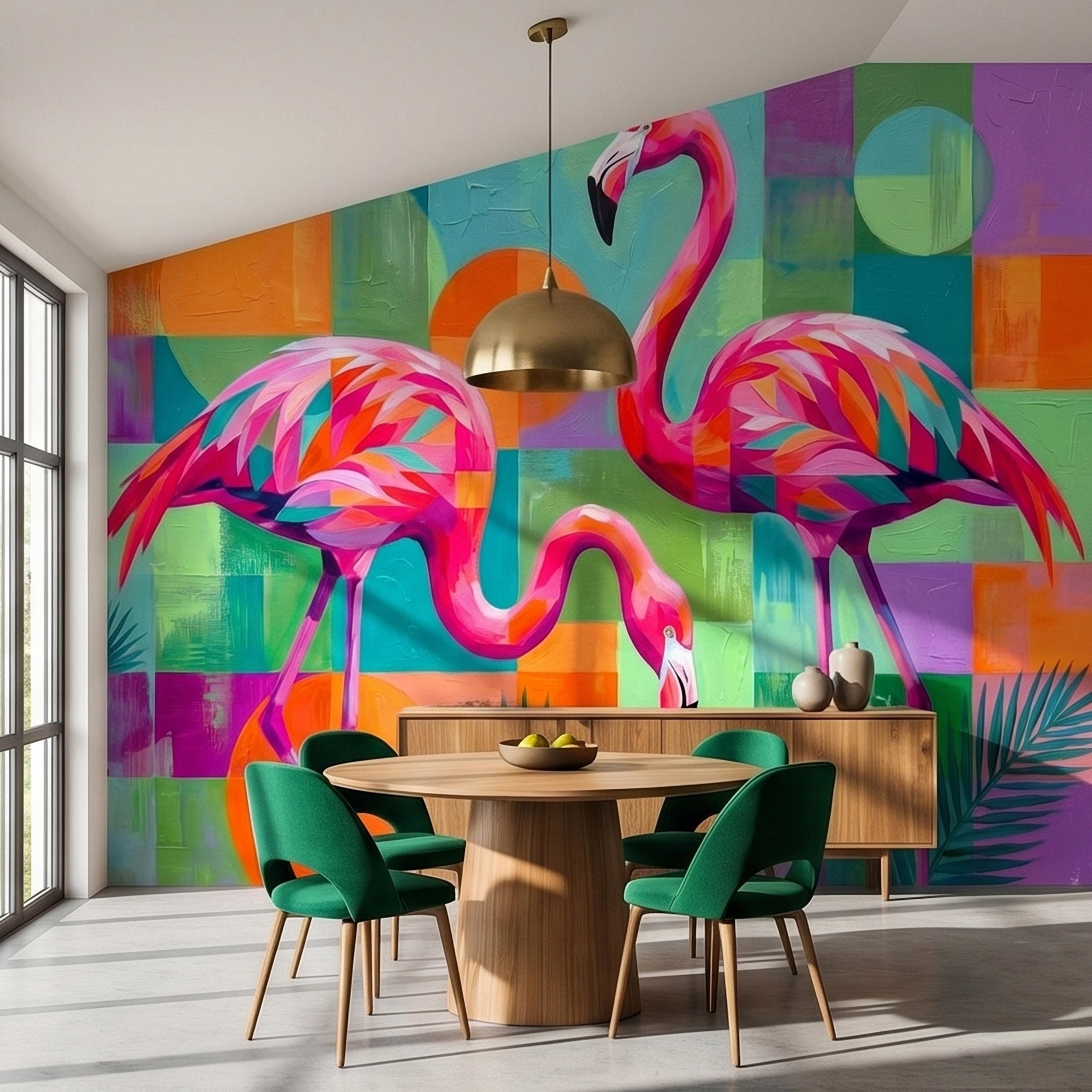 Colorful Flamingo Tropical Peel and Stick Wall Mural, Modern Geometric Abstract Midcentury Palm Leaves, Pink Teal Orange Coastal Wallpaper
