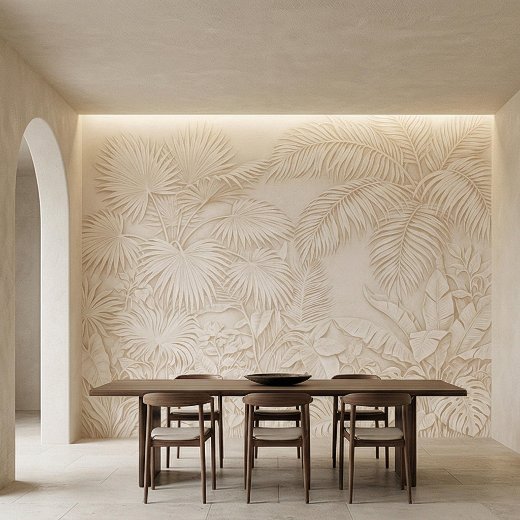Palm Leaf Peel and Stick Wall Mural, Soft Ivory Botanical, Textured Tropical Leaves, Elegant Quiet Luxury Wallpaper