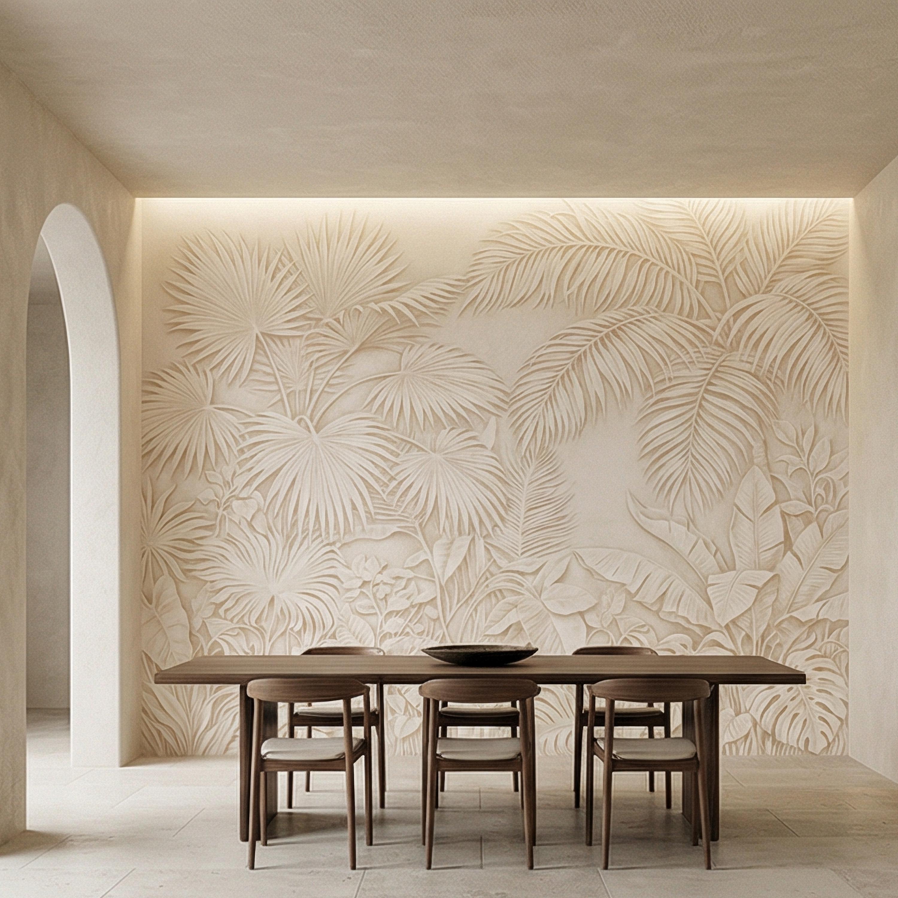 Palm Leaf Peel and Stick Wall Mural, Soft Ivory Botanical, Textured Tropical Leaves, Elegant Quiet Luxury Wallpaper