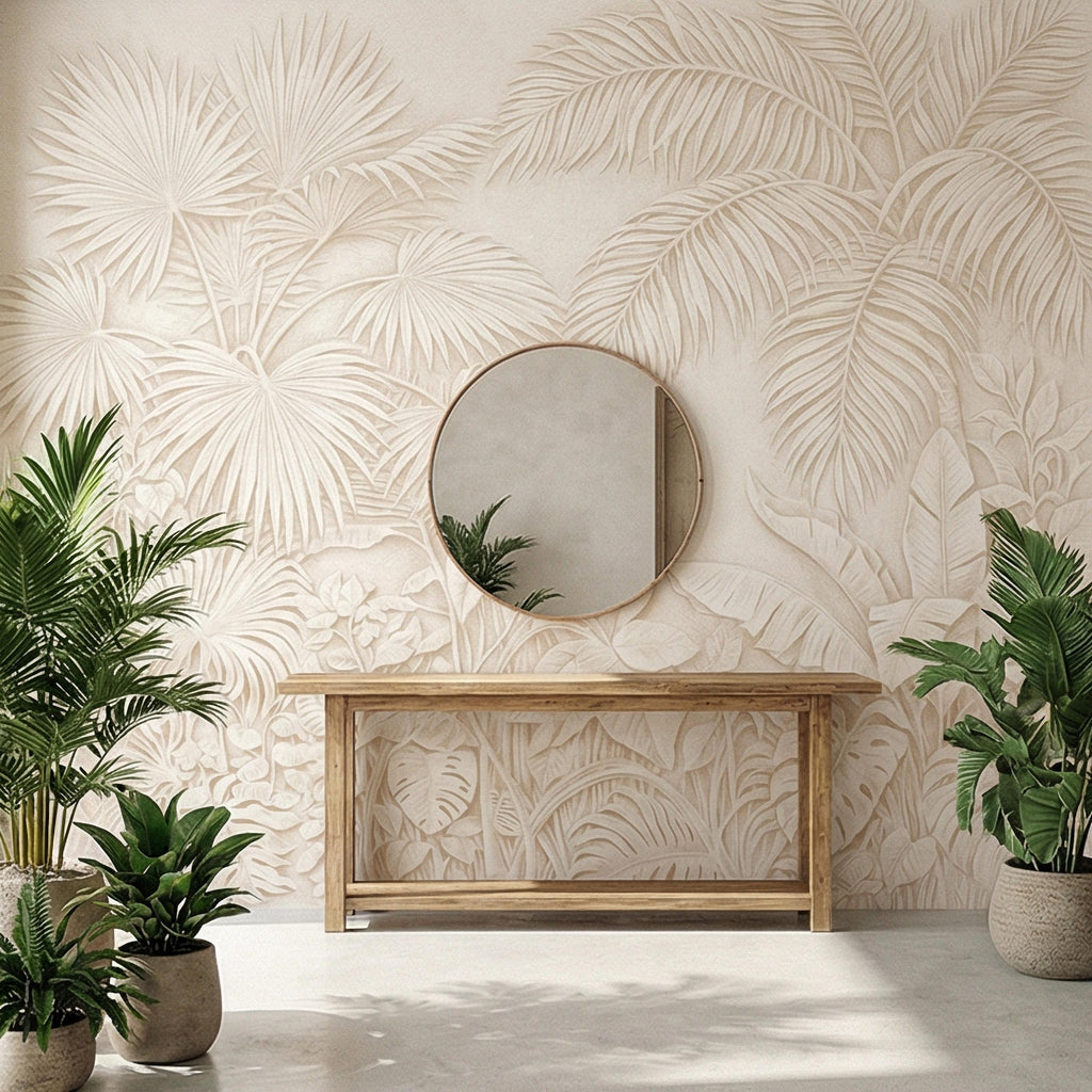Palm Leaf Peel and Stick Wall Mural, Soft Ivory Botanical, Textured Tropical Leaves, Elegant Quiet Luxury Wallpaper