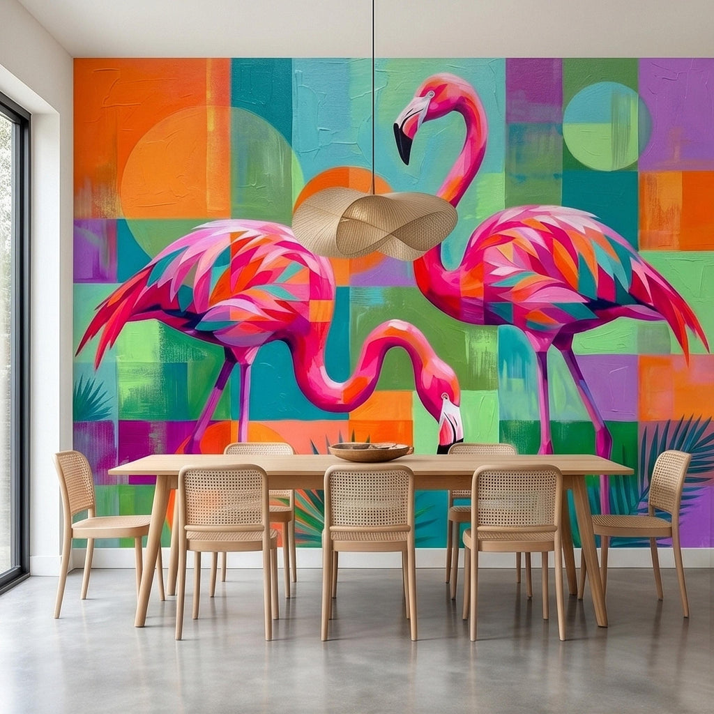 Colorful Flamingo Tropical Peel and Stick Wall Mural, Modern Geometric Abstract Midcentury Palm Leaves, Pink Teal Orange Coastal Wallpaper