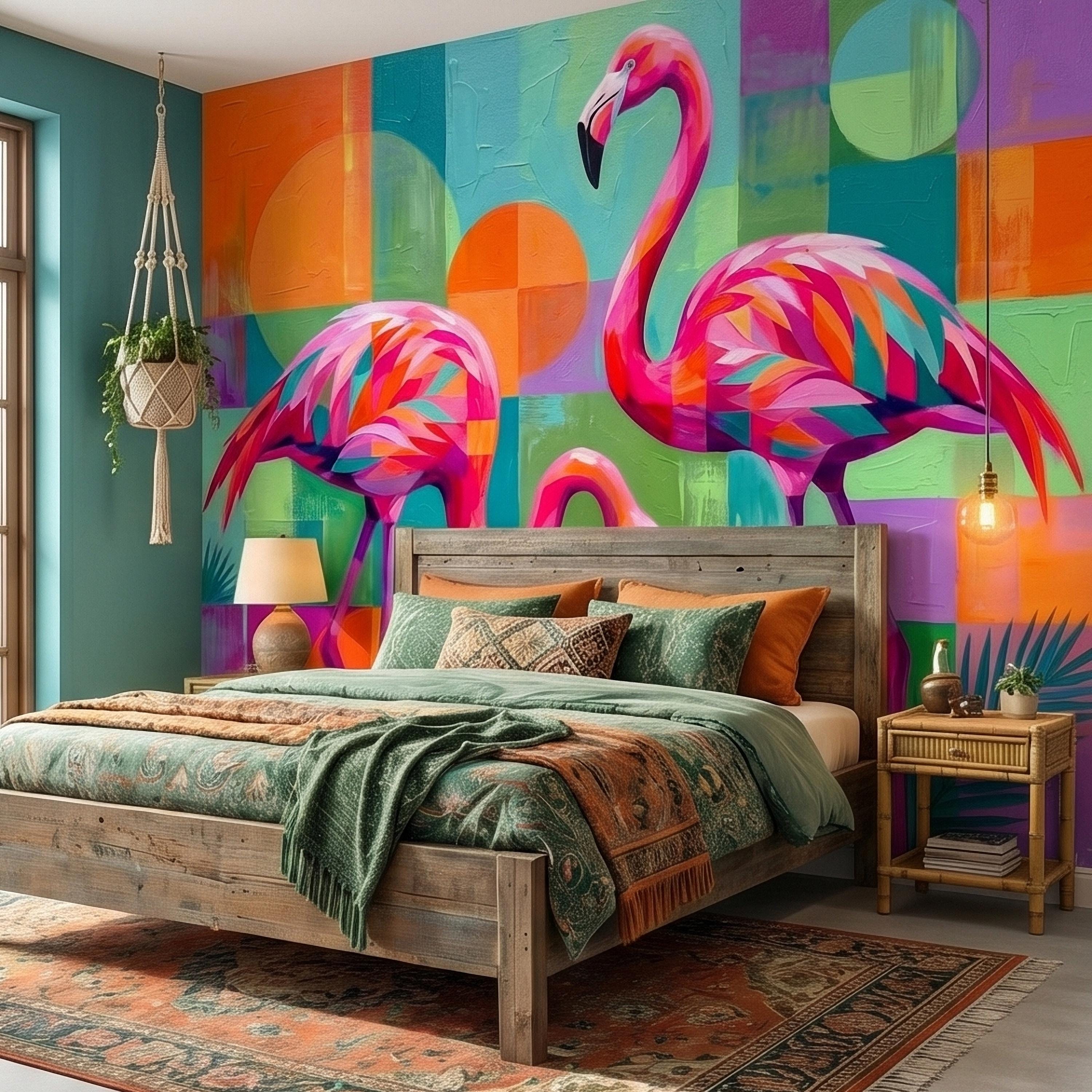 Colorful Flamingo Tropical Peel and Stick Wall Mural, Modern Geometric Abstract Midcentury Palm Leaves, Pink Teal Orange Coastal Wallpaper