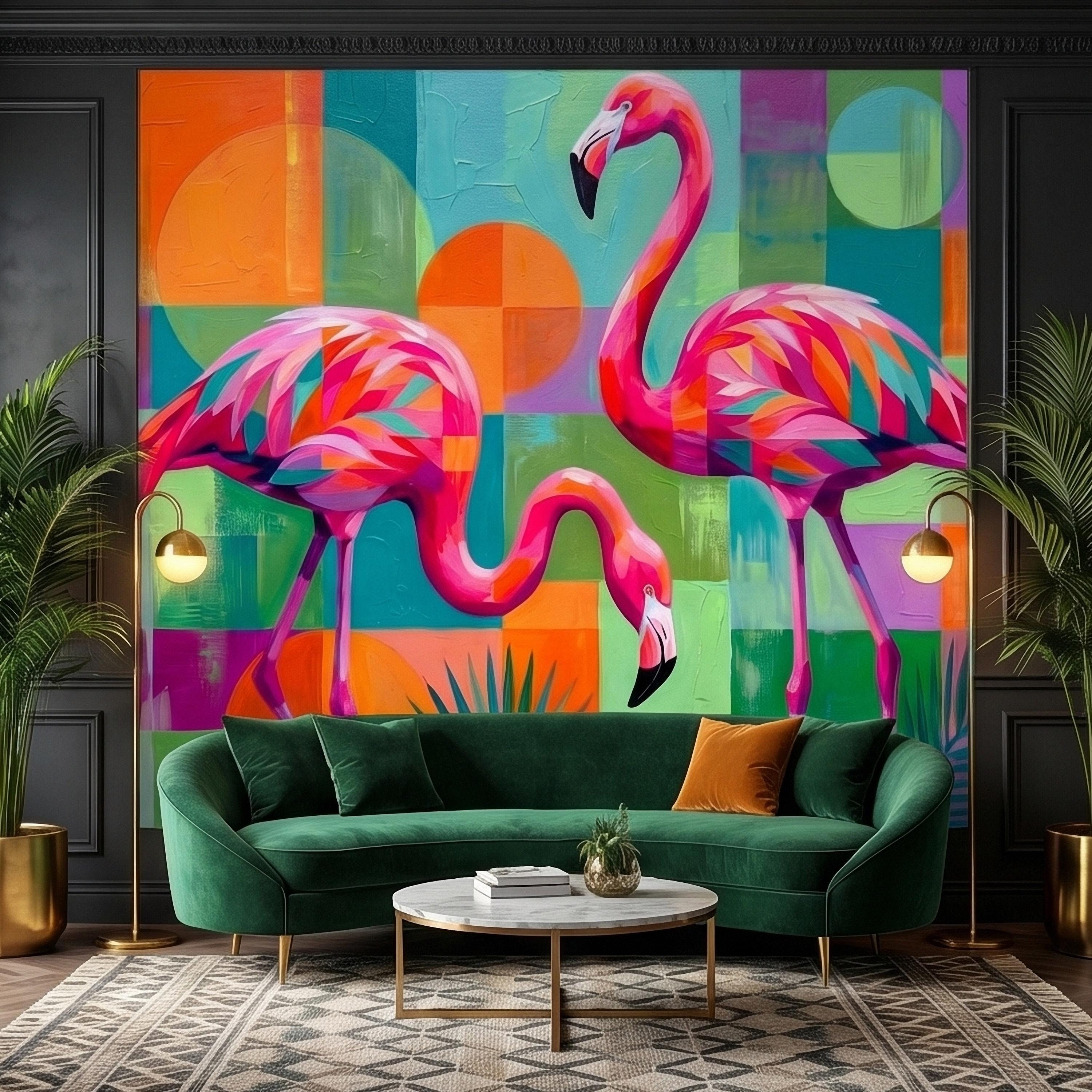 Colorful Flamingo Tropical Peel and Stick Wall Mural, Modern Geometric Abstract Midcentury Palm Leaves, Pink Teal Orange Coastal Wallpaper