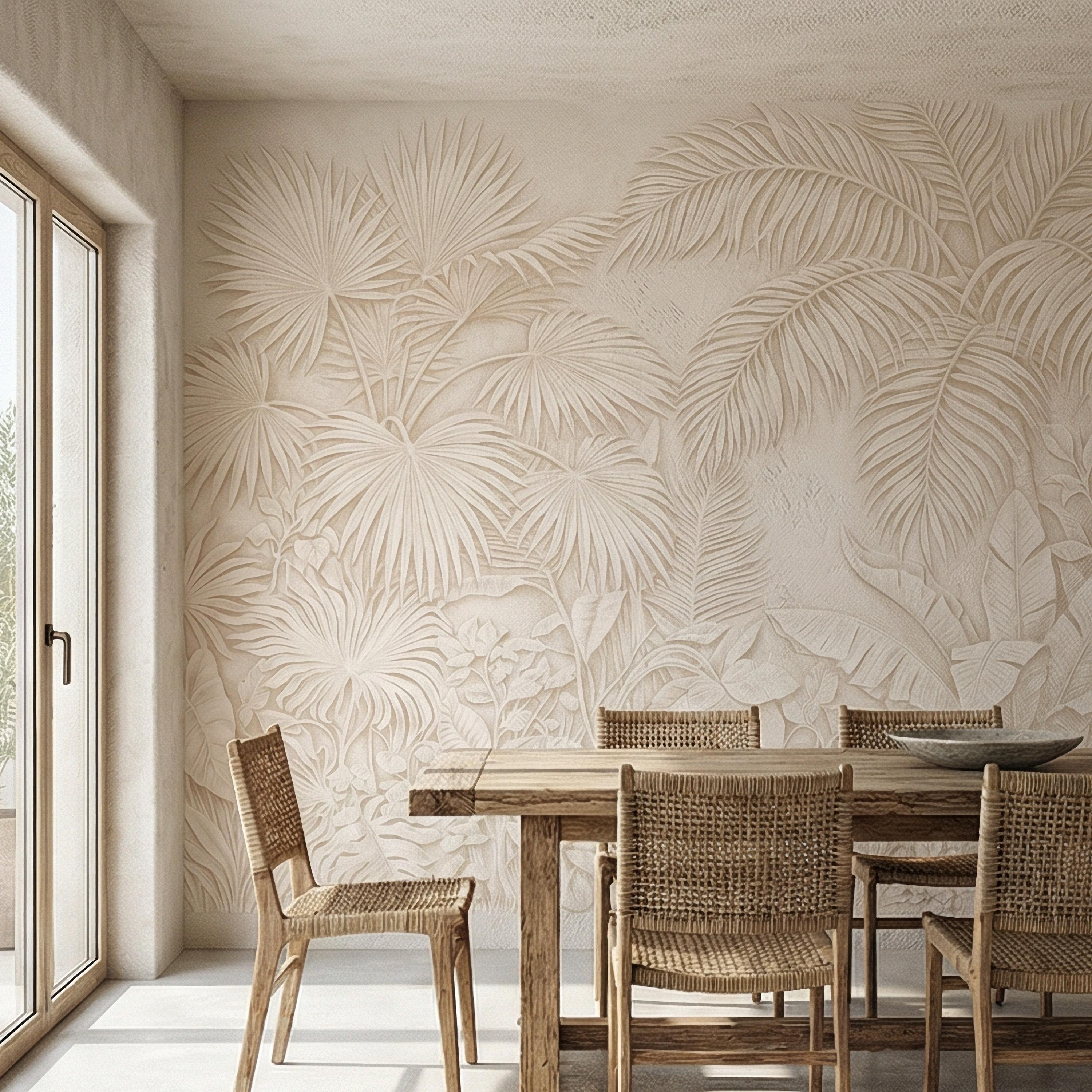 Palm Leaf Peel and Stick Wall Mural, Soft Ivory Botanical, Textured Tropical Leaves, Elegant Quiet Luxury Wallpaper