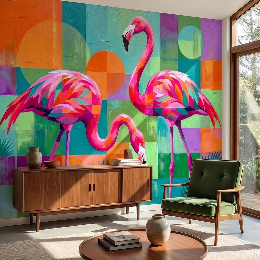 Colorful Flamingo Tropical Peel and Stick Wall Mural, Modern Geometric Abstract Midcentury Palm Leaves, Pink Teal Orange Coastal Wallpaper