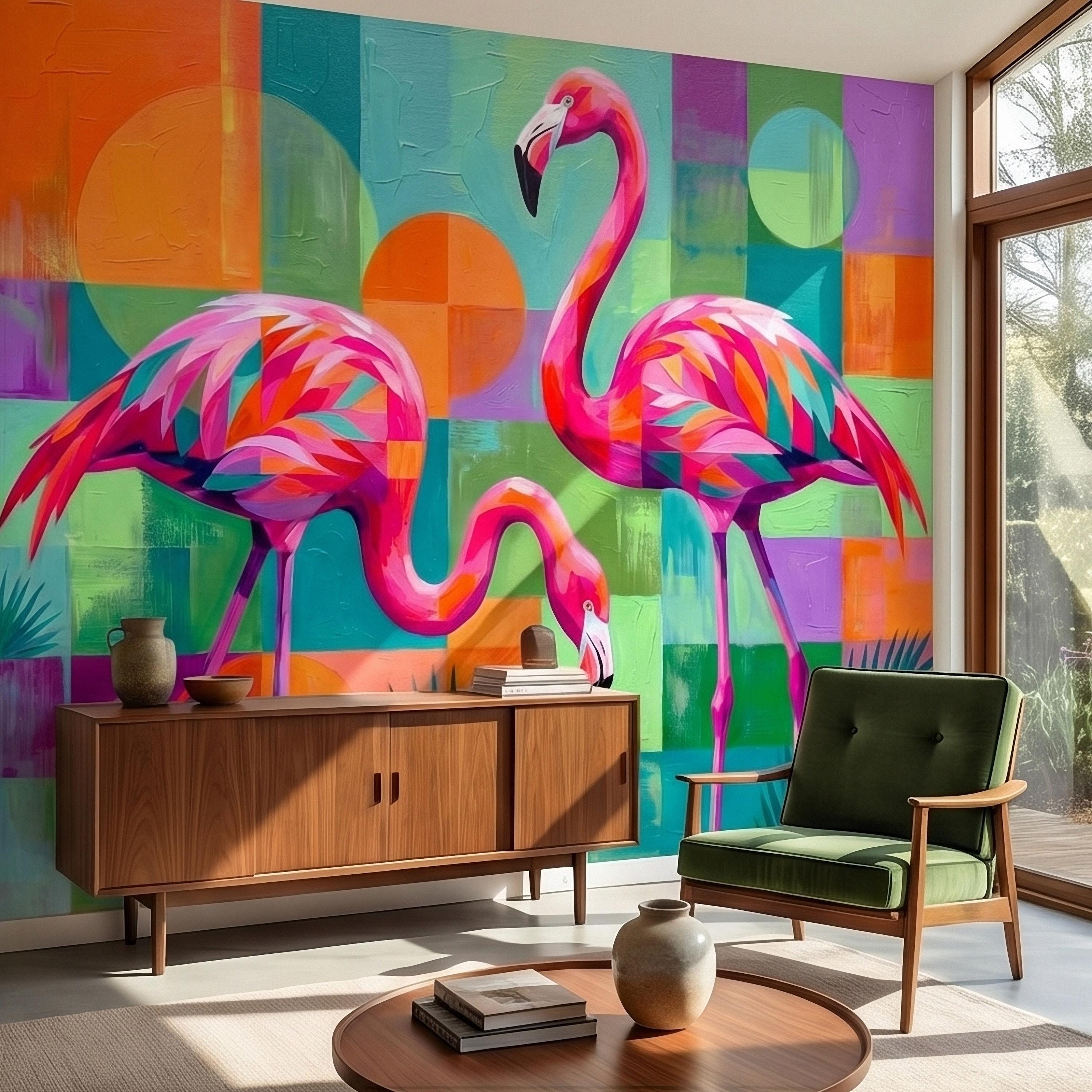 Colorful Flamingo Tropical Peel and Stick Wall Mural, Modern Geometric Abstract Midcentury Palm Leaves, Pink Teal Orange Coastal Wallpaper