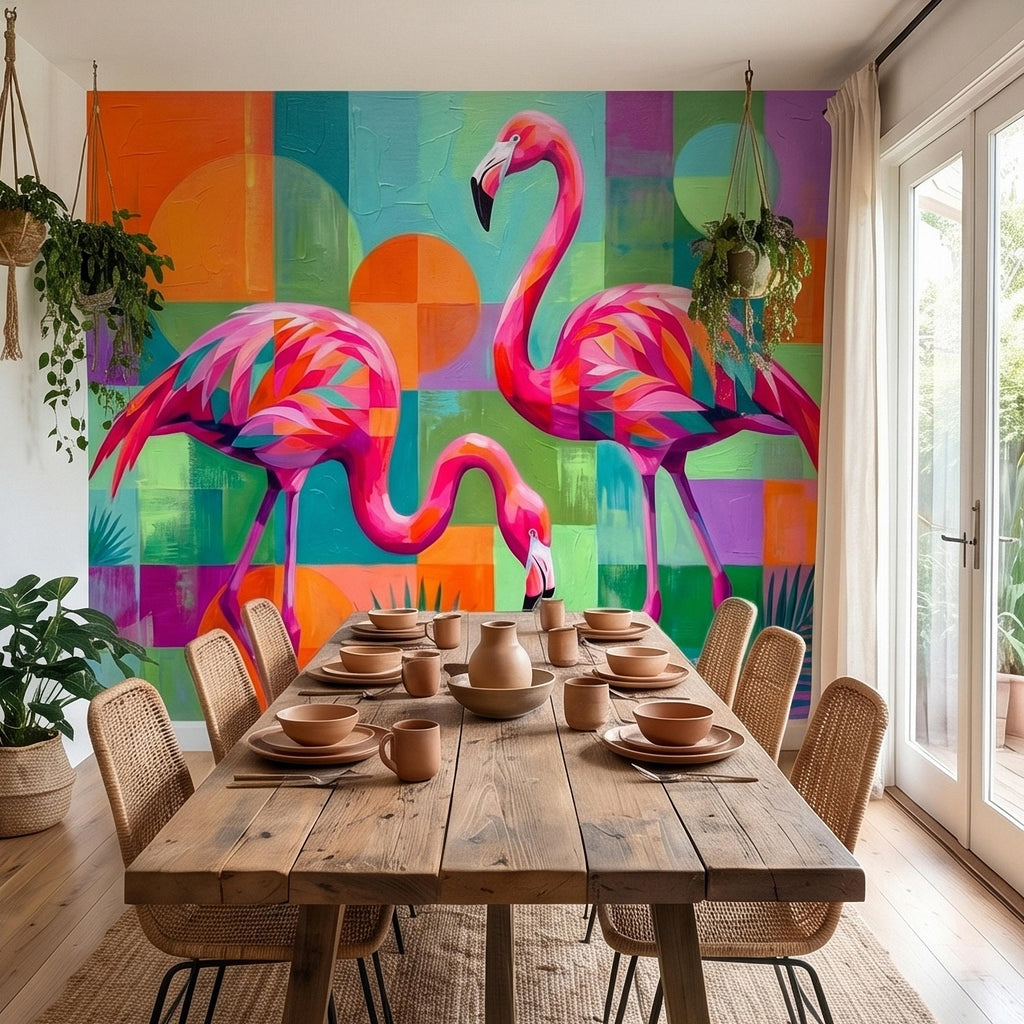 Colorful Flamingo Tropical Peel and Stick Wall Mural, Modern Geometric Abstract Midcentury Palm Leaves, Pink Teal Orange Coastal Wallpaper