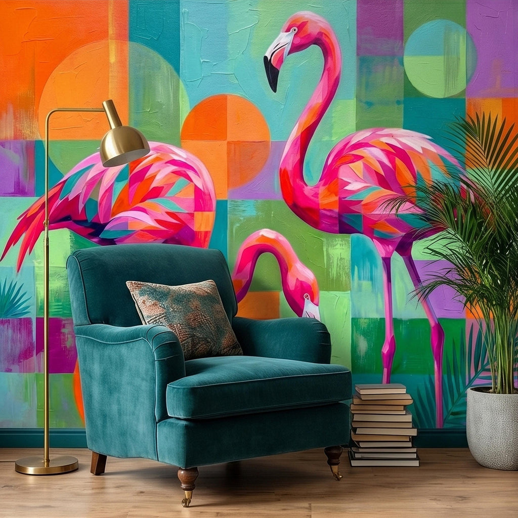 Colorful Flamingo Tropical Peel and Stick Wall Mural, Modern Geometric Abstract Midcentury Palm Leaves, Pink Teal Orange Coastal Wallpaper