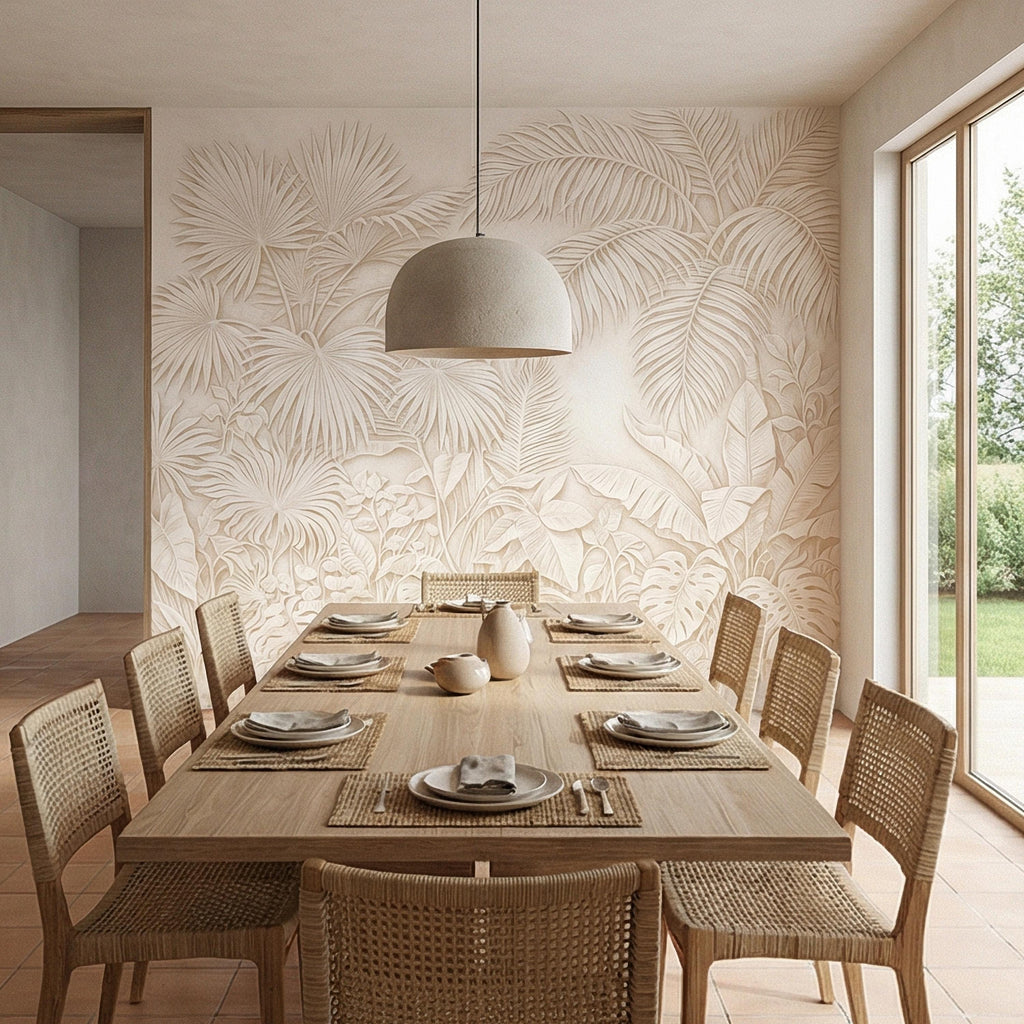 Palm Leaf Peel and Stick Wall Mural, Soft Ivory Botanical, Textured Tropical Leaves, Elegant Quiet Luxury Wallpaper