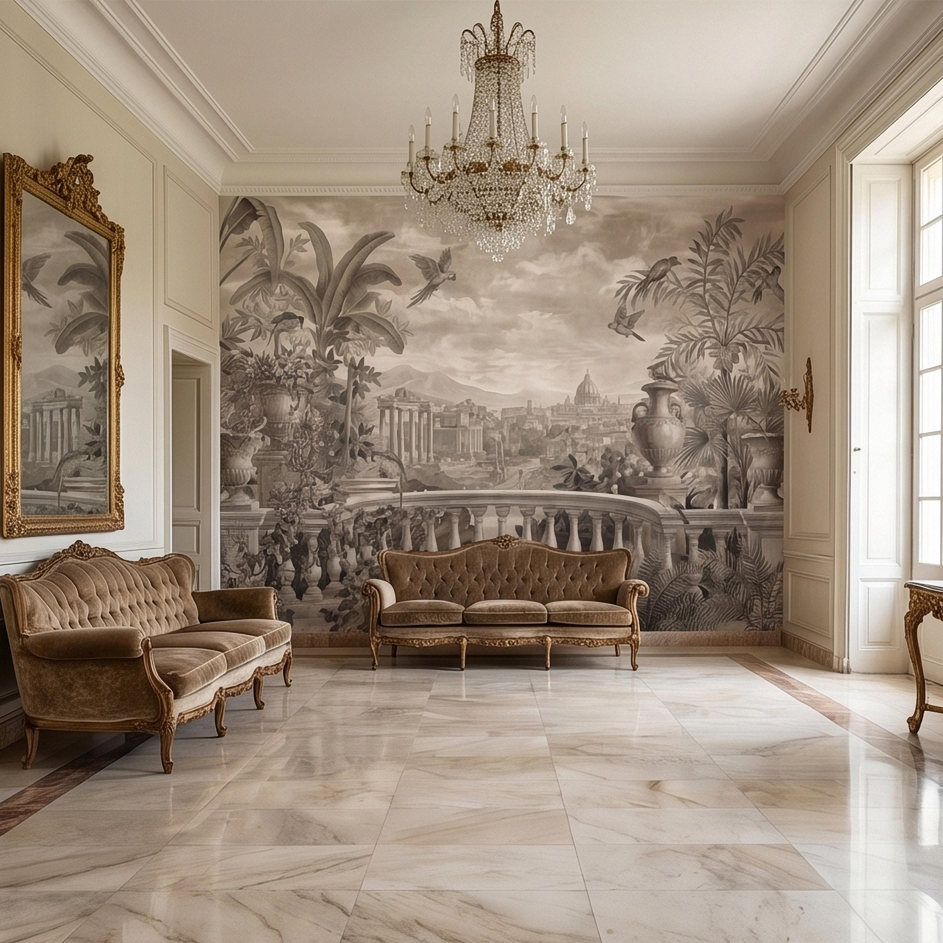Vintage Rome Balcony Panoramic Landscape Peel and Stick Wall Mural, Sepia Tropical Garden Birds Classical Cityscape, Neutral Toile Wallpaper