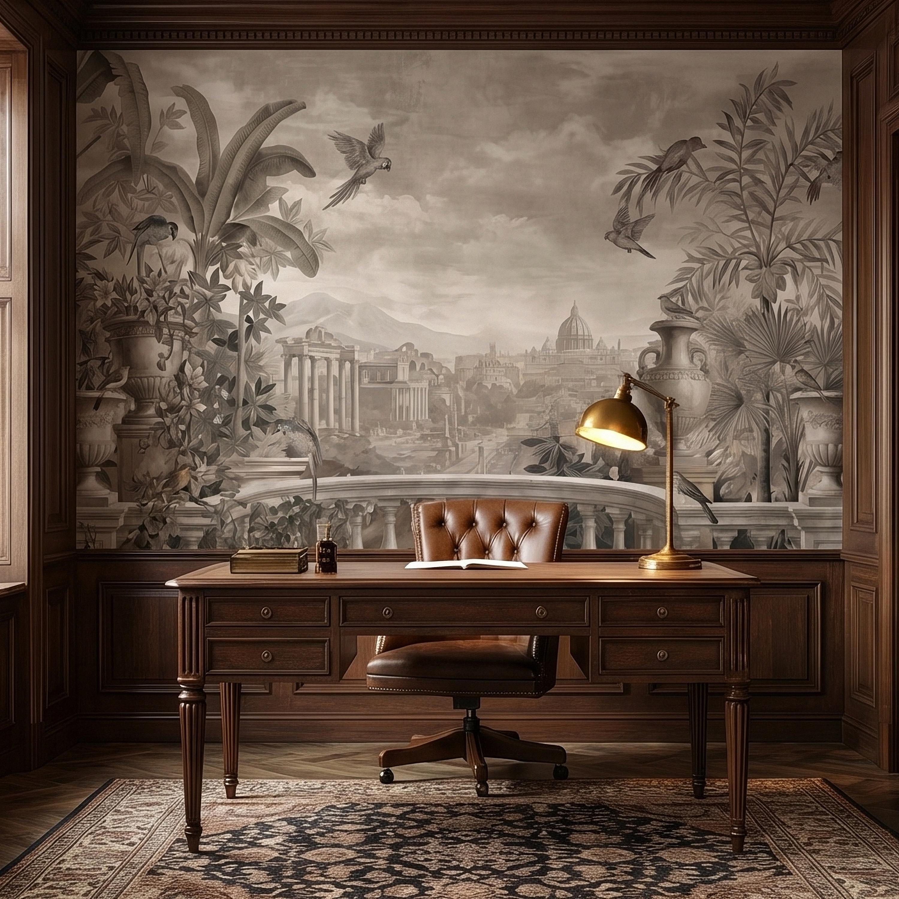 Vintage Rome Balcony Panoramic Landscape Peel and Stick Wall Mural, Sepia Tropical Garden Birds Classical Cityscape, Neutral Toile Wallpaper