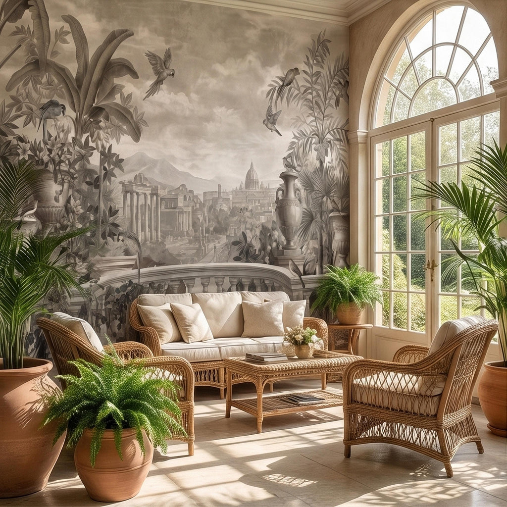Vintage Rome Balcony Panoramic Landscape Peel and Stick Wall Mural, Sepia Tropical Garden Birds Classical Cityscape, Neutral Toile Wallpaper