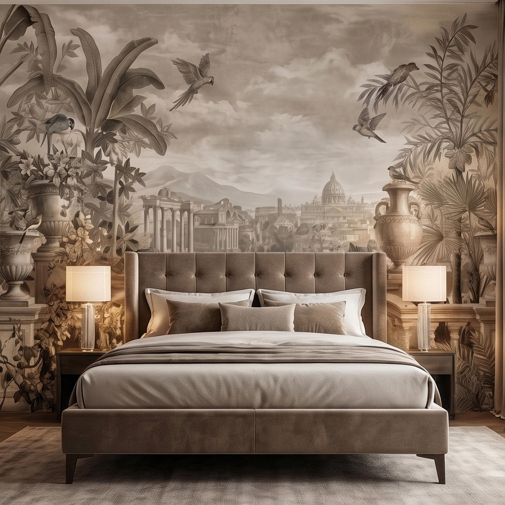 Vintage Rome Balcony Panoramic Landscape Peel and Stick Wall Mural, Sepia Tropical Garden Birds Classical Cityscape, Neutral Toile Wallpaper