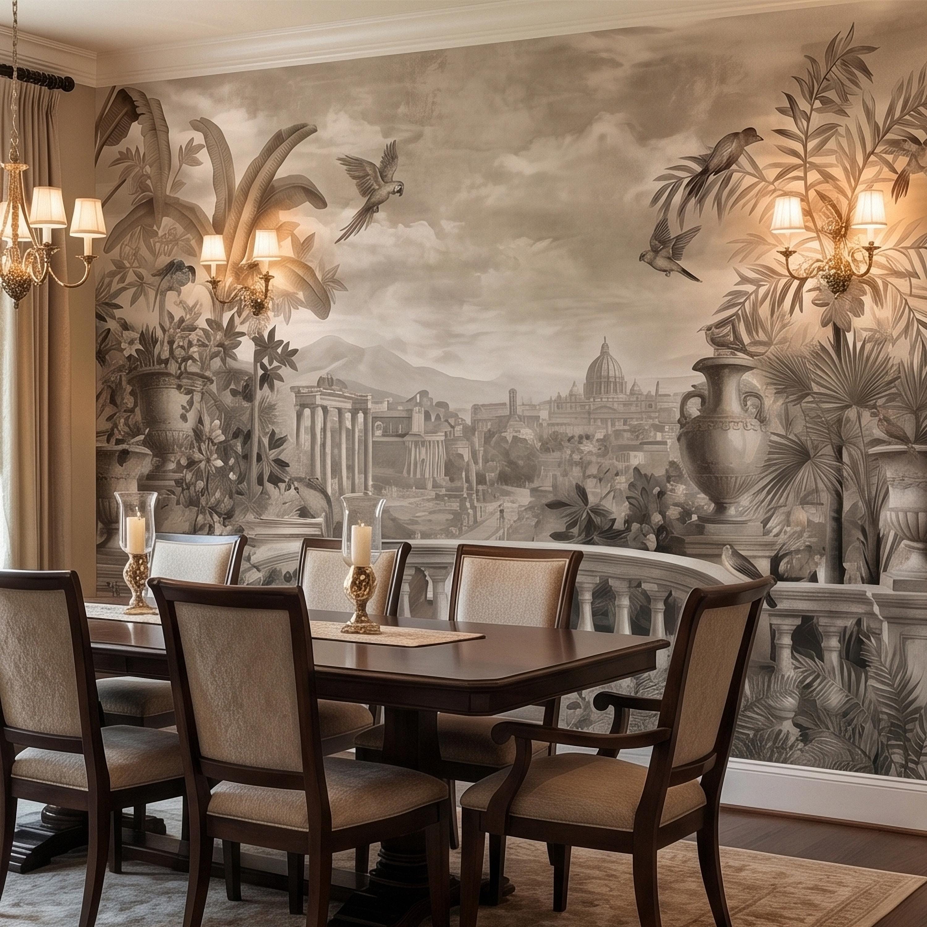 Vintage Rome Balcony Panoramic Landscape Peel and Stick Wall Mural, Sepia Tropical Garden Birds Classical Cityscape, Neutral Toile Wallpaper